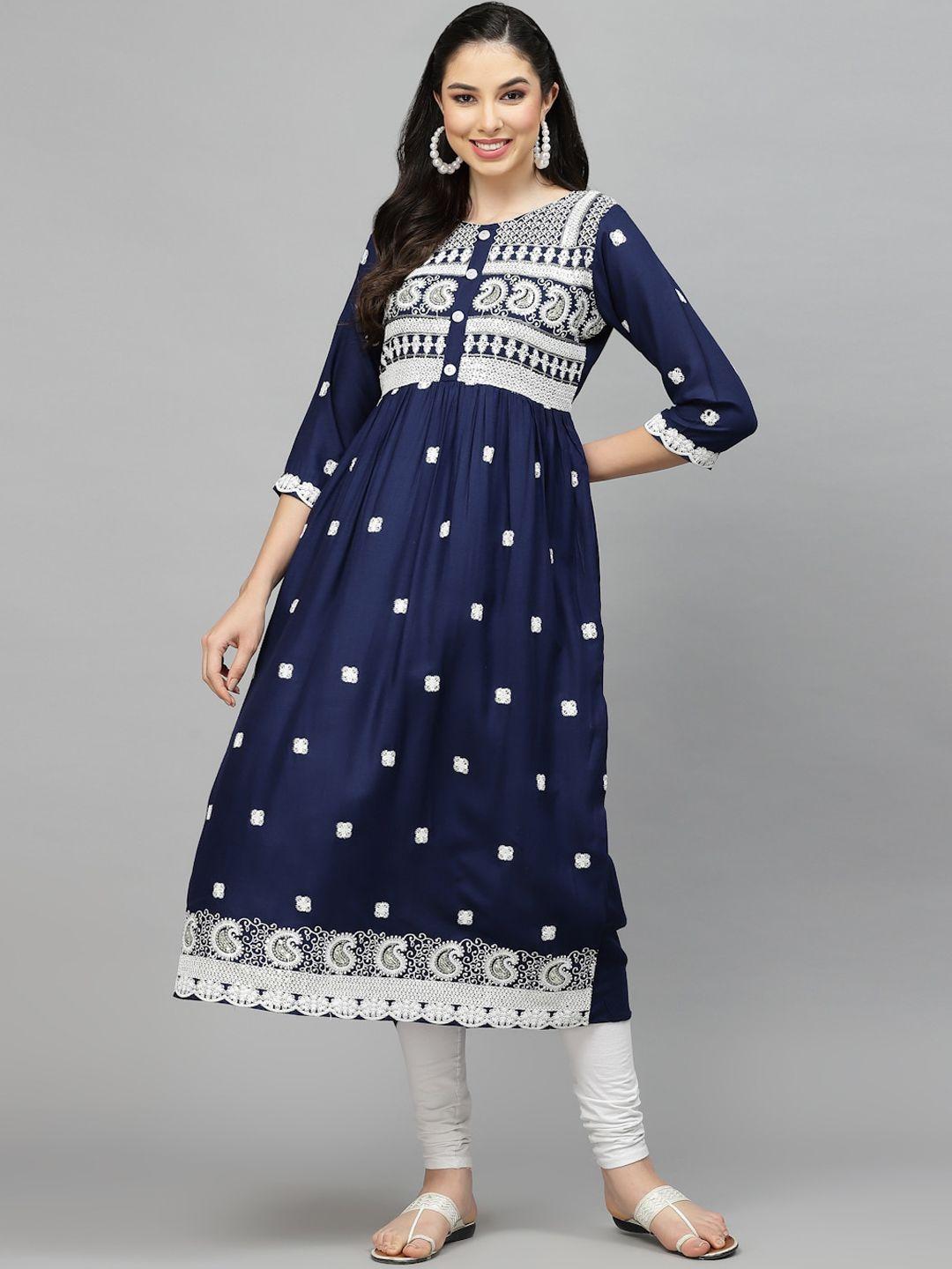 stylum navy blue ethnic motifs embroidered round neck thread work a-line kurta