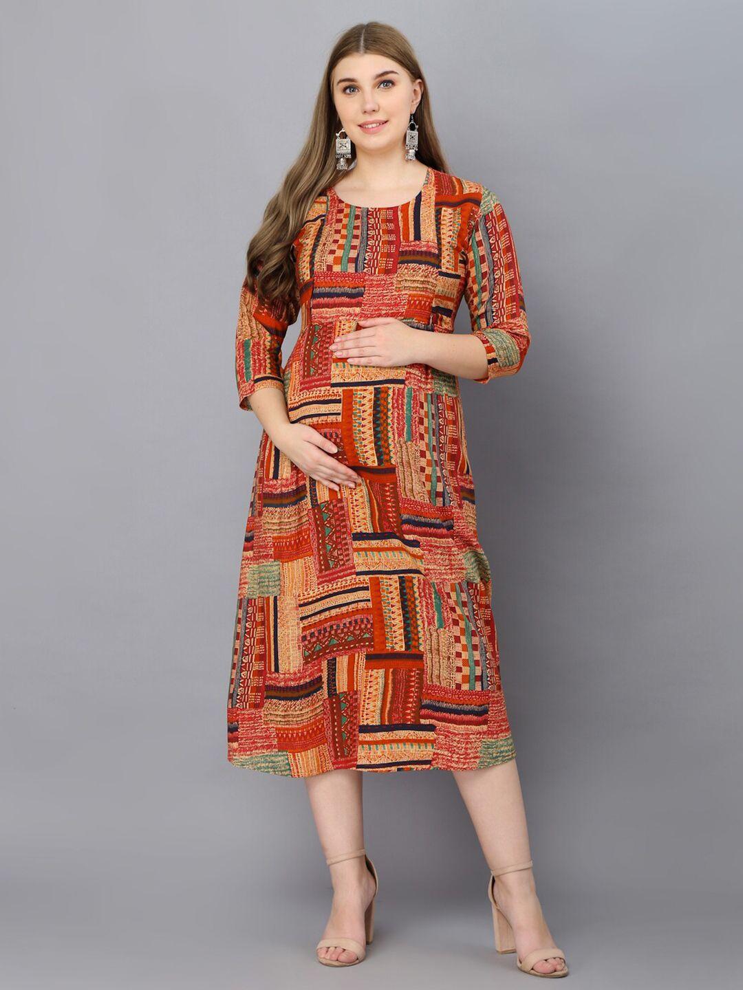 kalini brown print maternity a-line midi dress