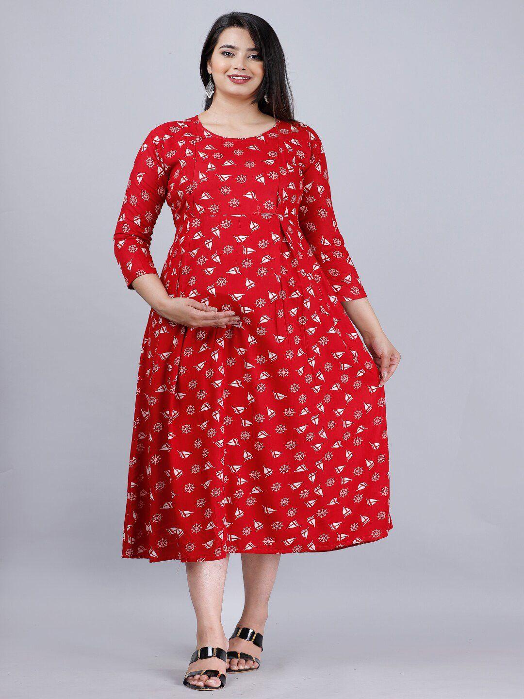 kalini red floral print maternity fit & flare midi dress