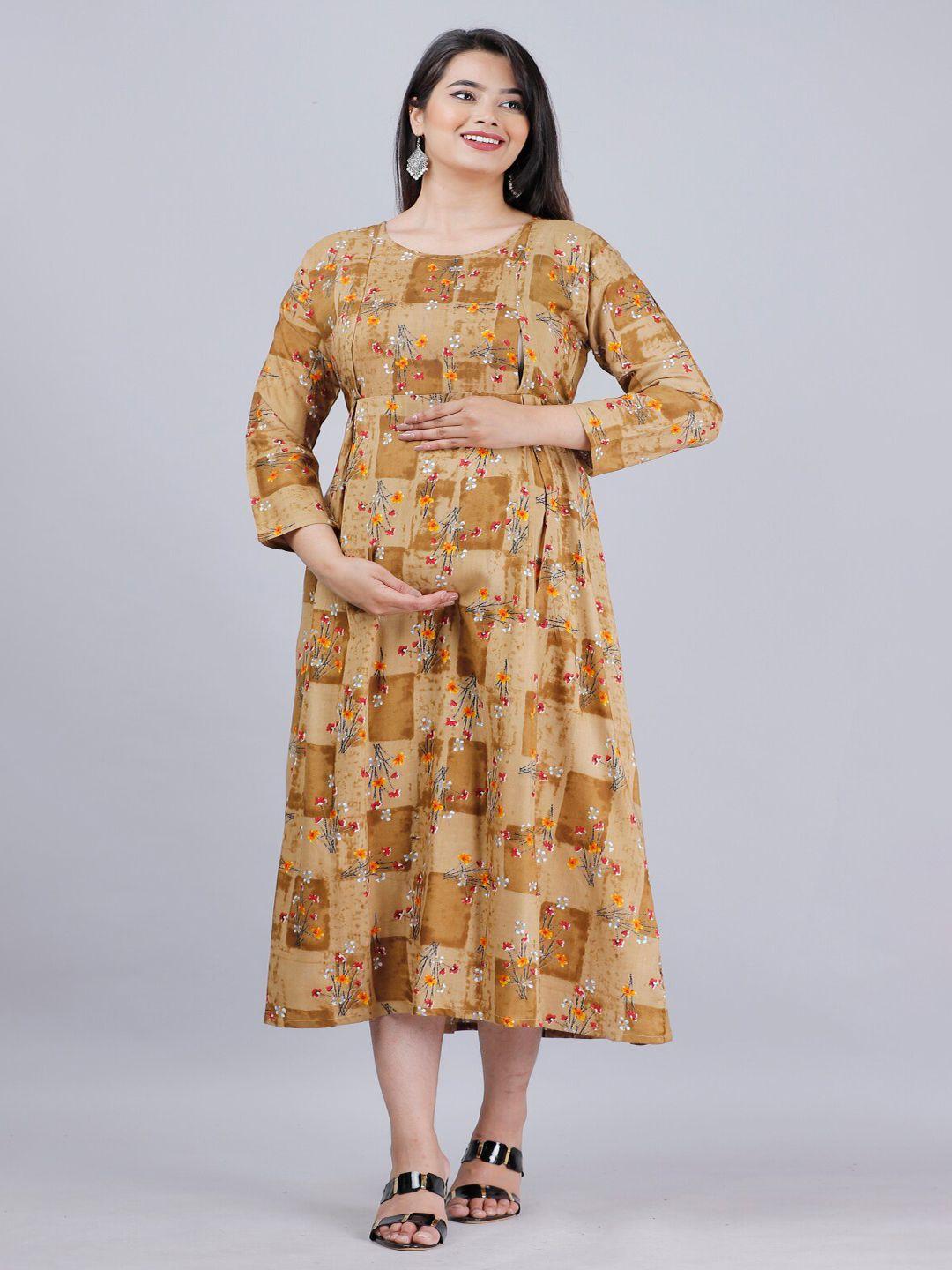 kalini floral printed round neck maternity a-line midi dress