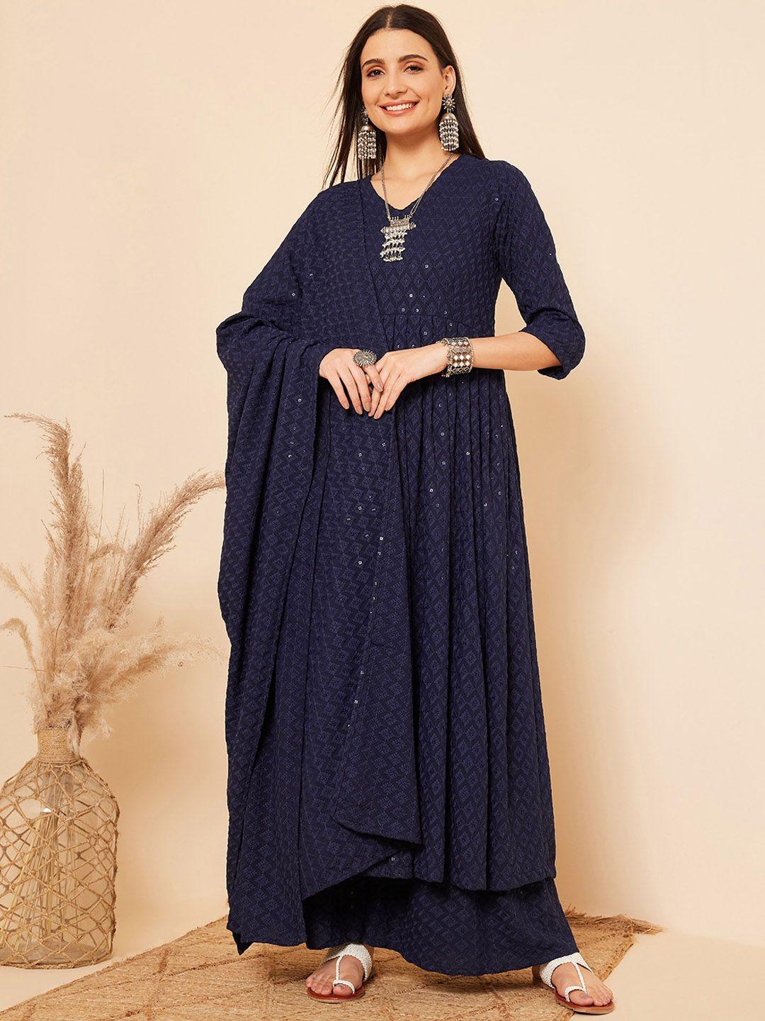 inweave geometric embroidered sequinned anarkali kurta with palazzos & with dupatta