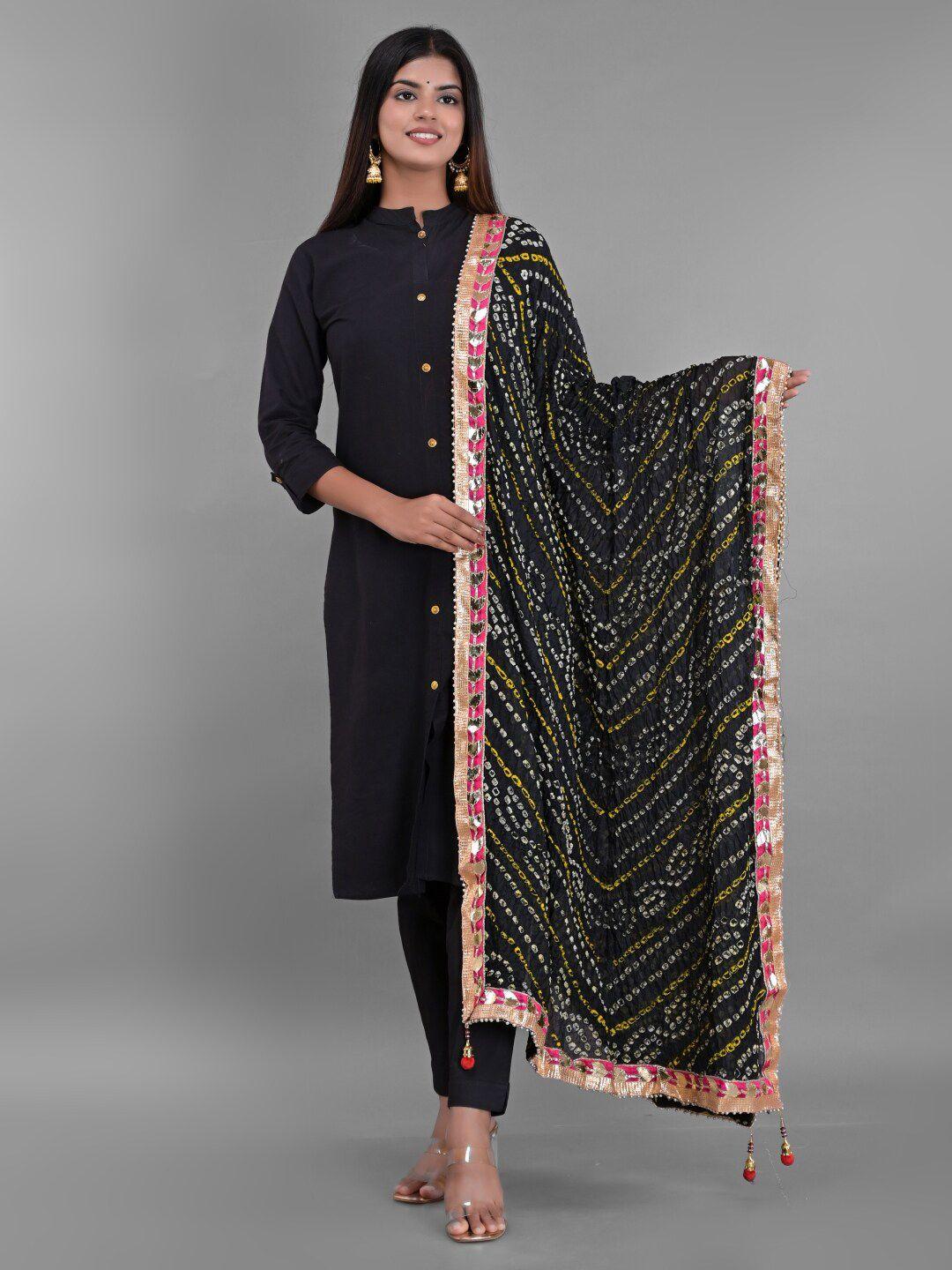 apratim bandhani printed embellished gotta patti pom pom art silk dupatta