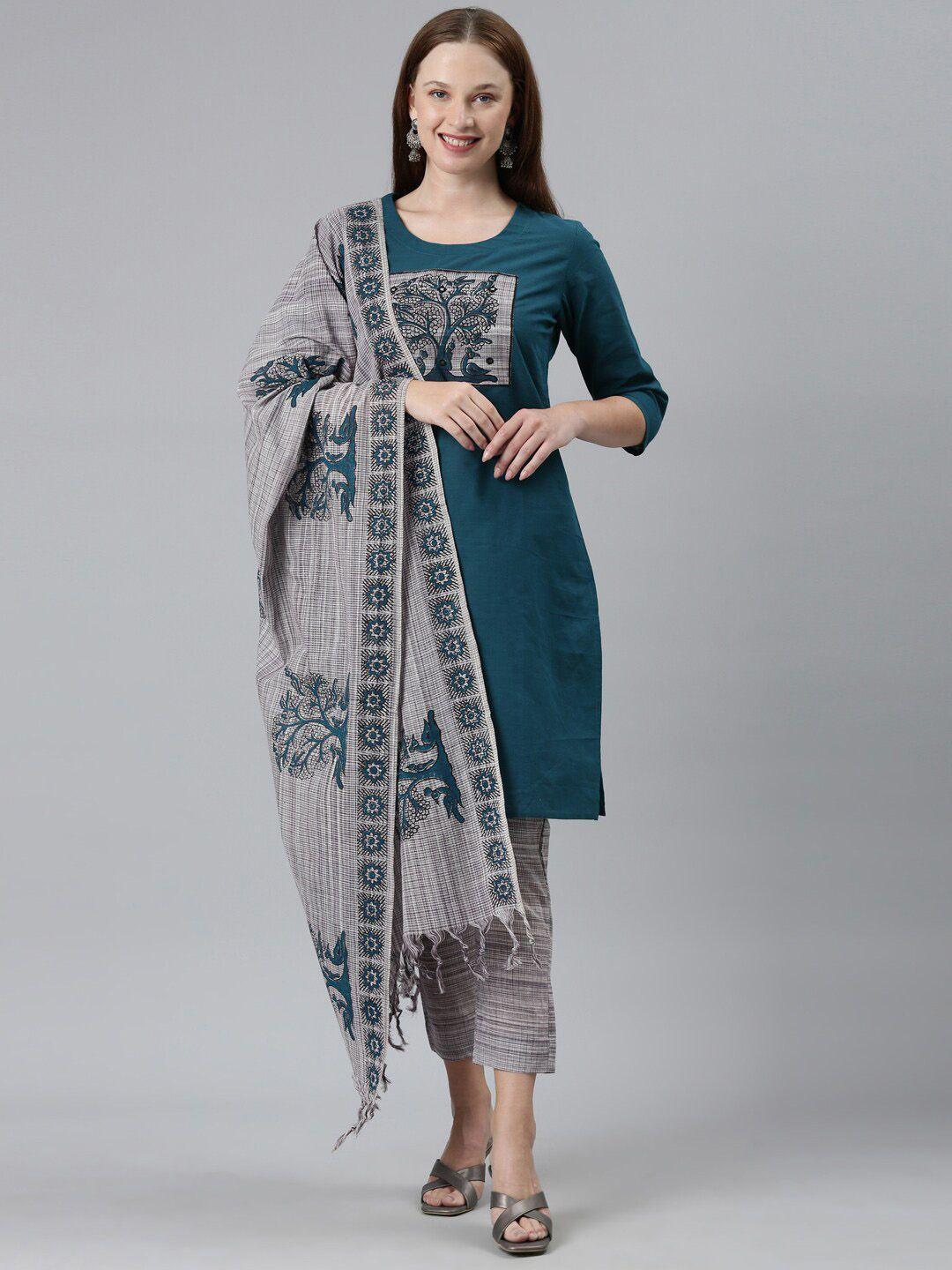 flavido ethnic motifs printed pure cotton kurta with trousers & dupatta