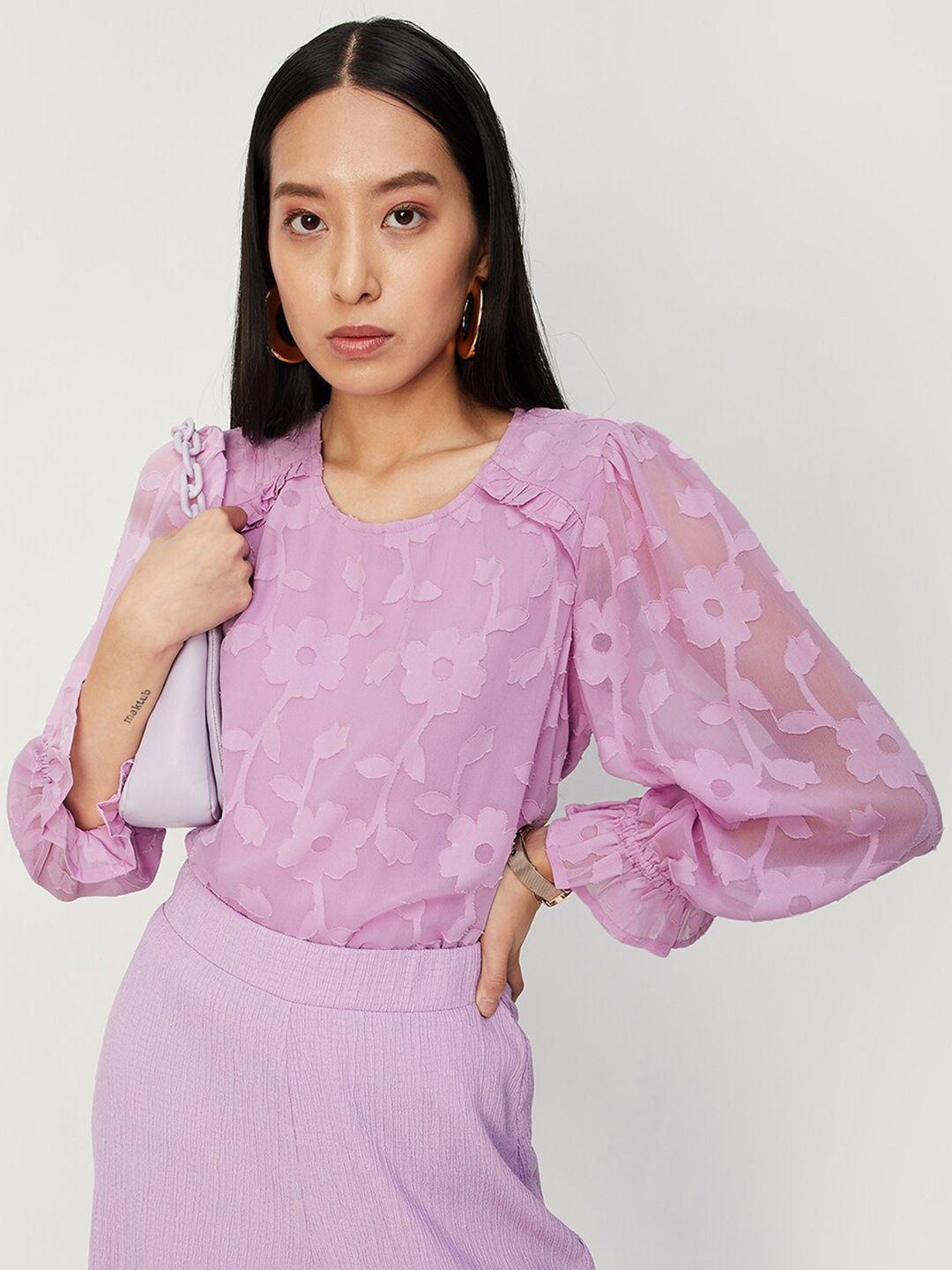 max floral self designed round neck puff sleeves ruffled top