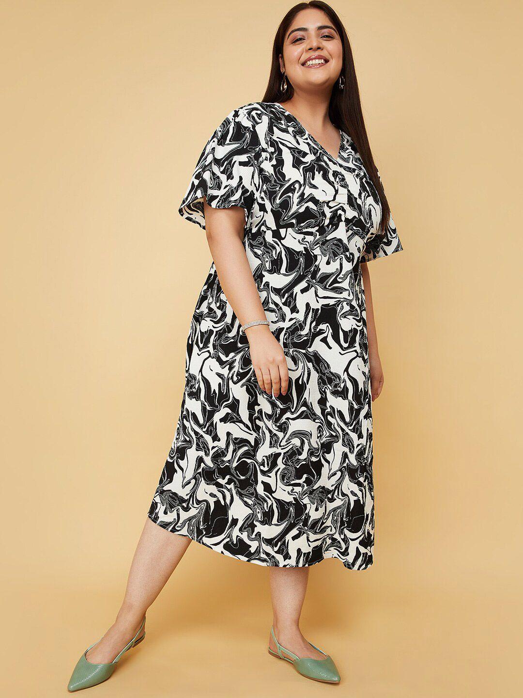 max plus size abstract printed v-neck flared sleeves a-line midi dress