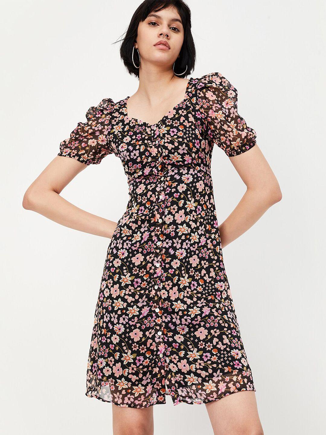 max floral printed sweetheart neck puff sleeve gathered a-line dress