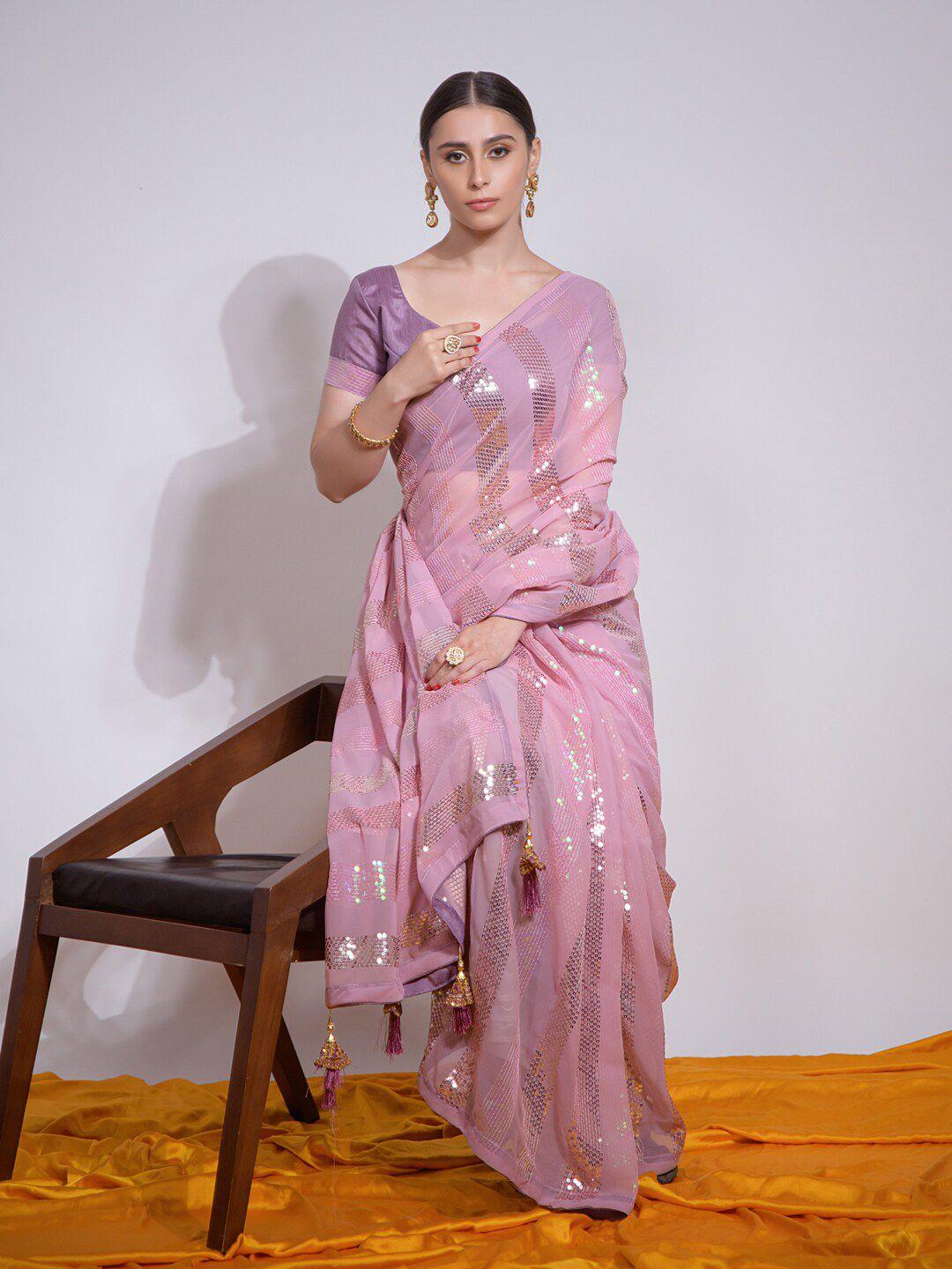 mitera mauve embellished sequinned pure georgette saree