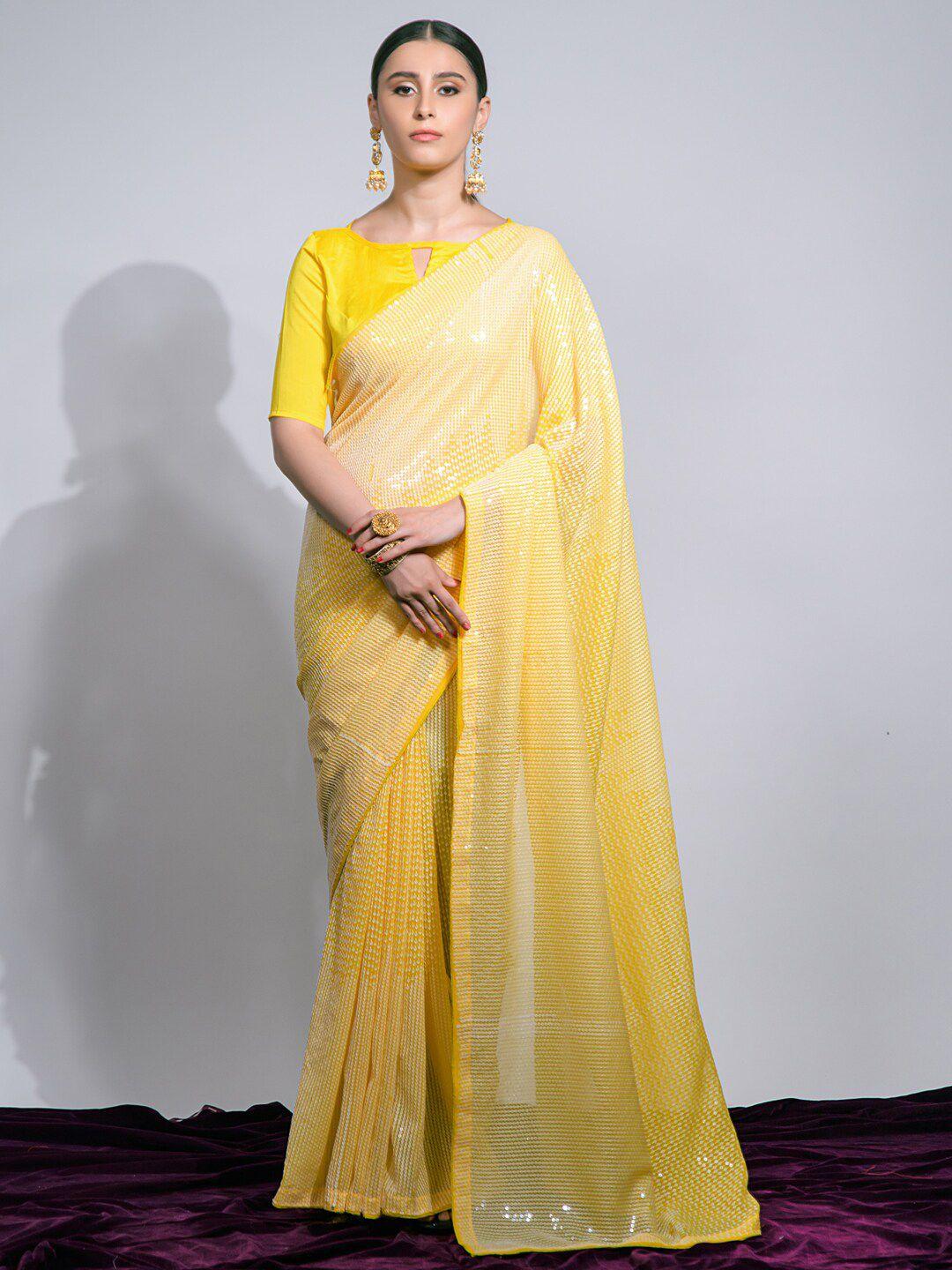 mitera yellow & white embellished sequinned pure georgette saree