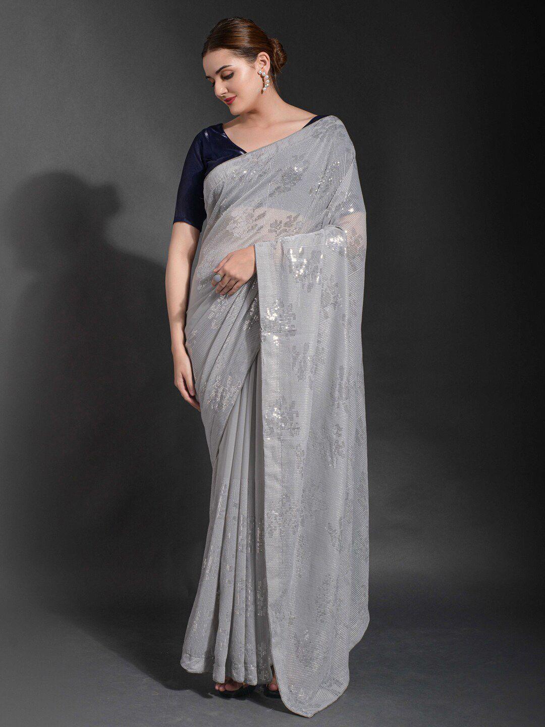 mitera grey embellished pure georgette saree