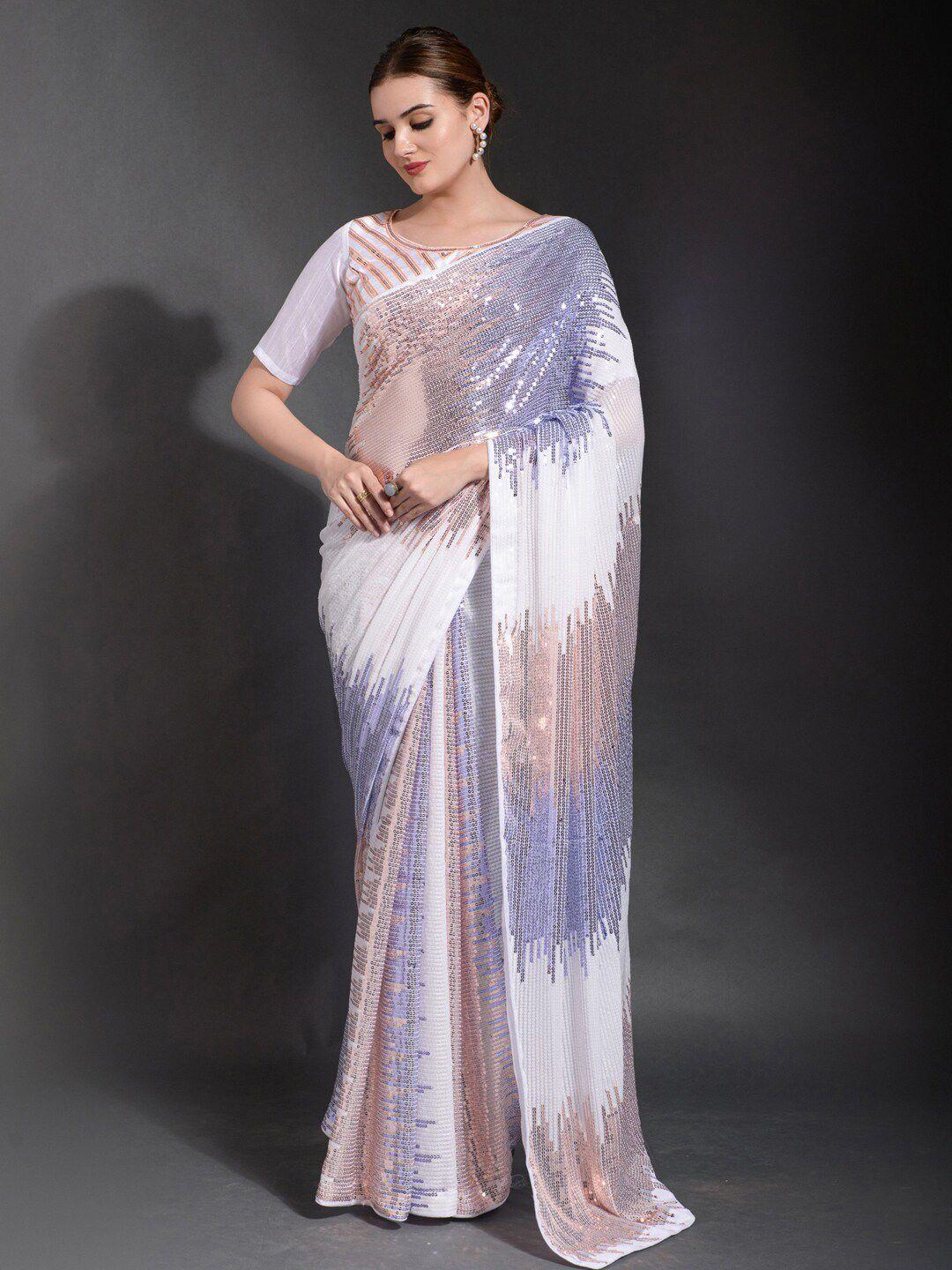 mitera white & purple embellished sequinned pure georgette saree