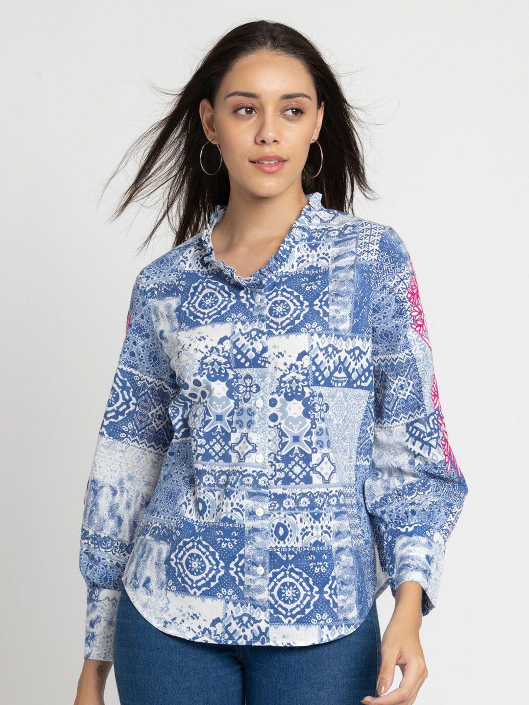 shaye ethnic motifs printed collarless classic pure cotton casual shirt