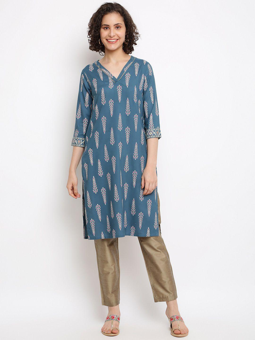 imara ethnic motifs printed v-neck thread work kurta