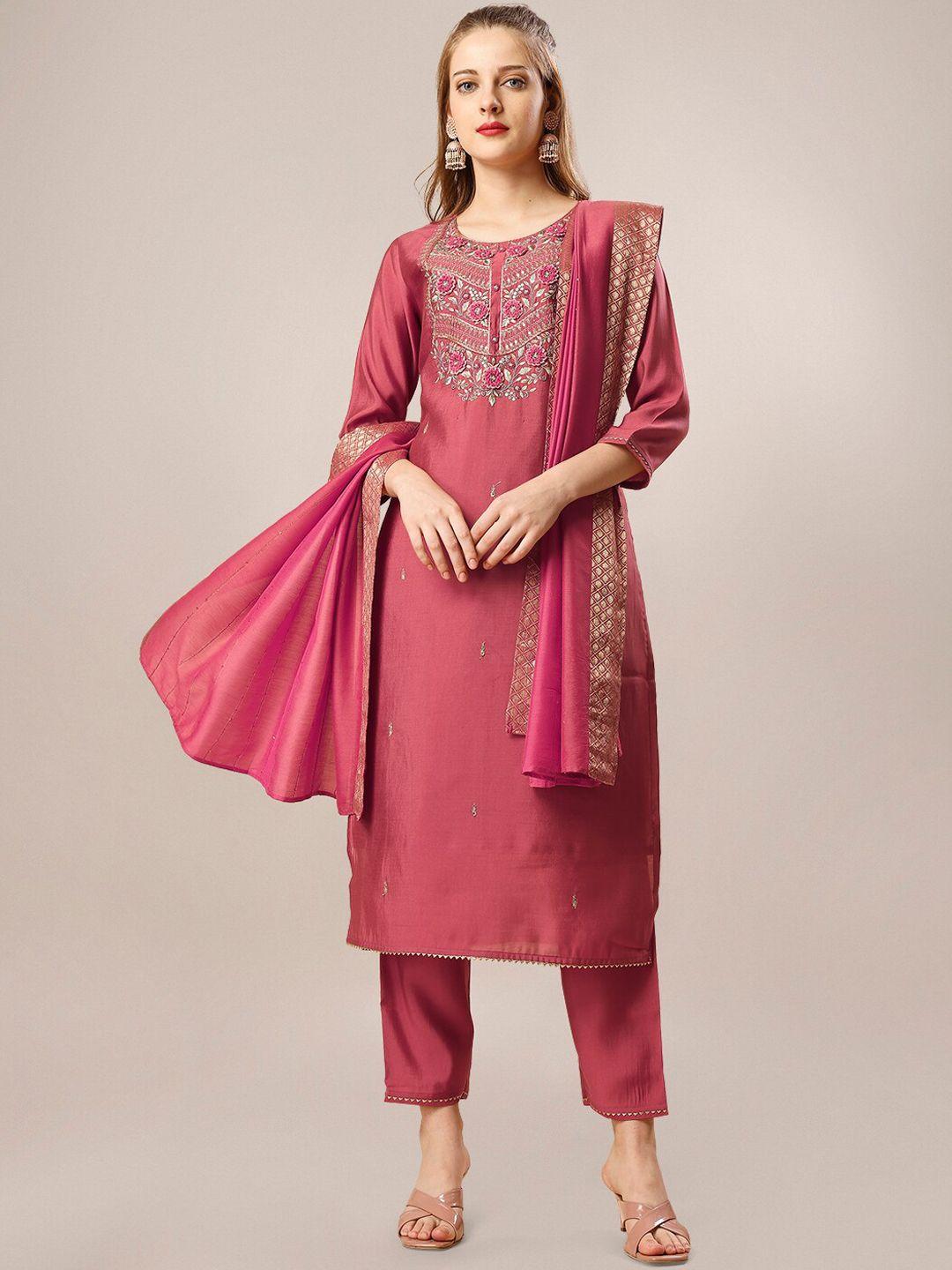 berrylicious floral embroidered sequinned chanderi cotton kurta with trousers & dupatta