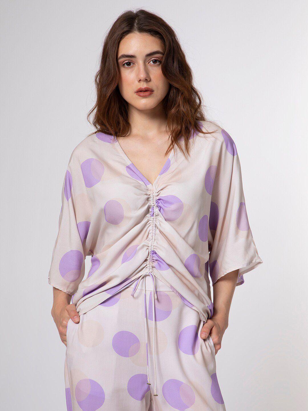 rareism polka dots printed kimono sleeves ruched top