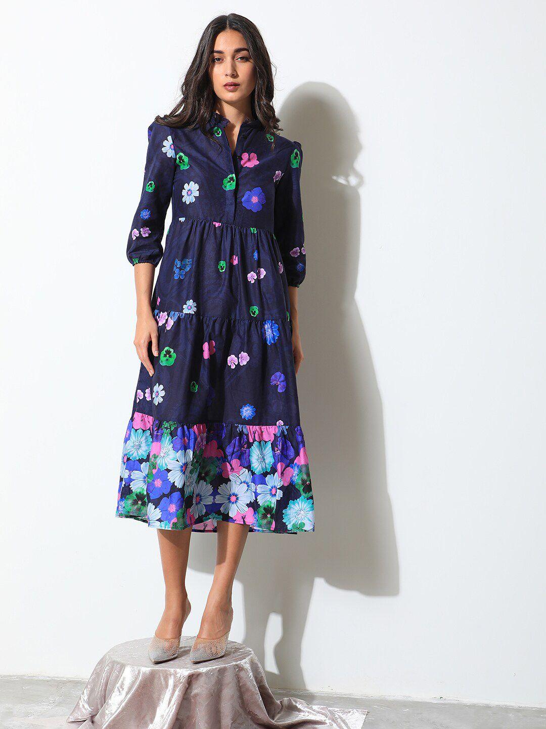 rareism floral printed high neck cotton fit & flare midi dress