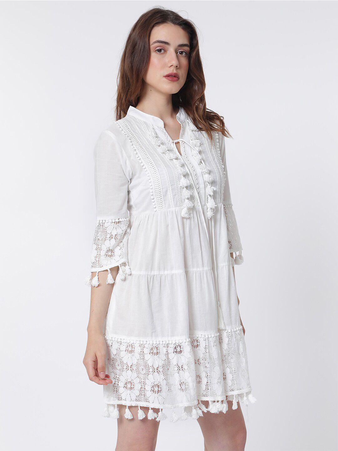 rareism band collar bell sleeve tie-up detail cotton fit & flare dress