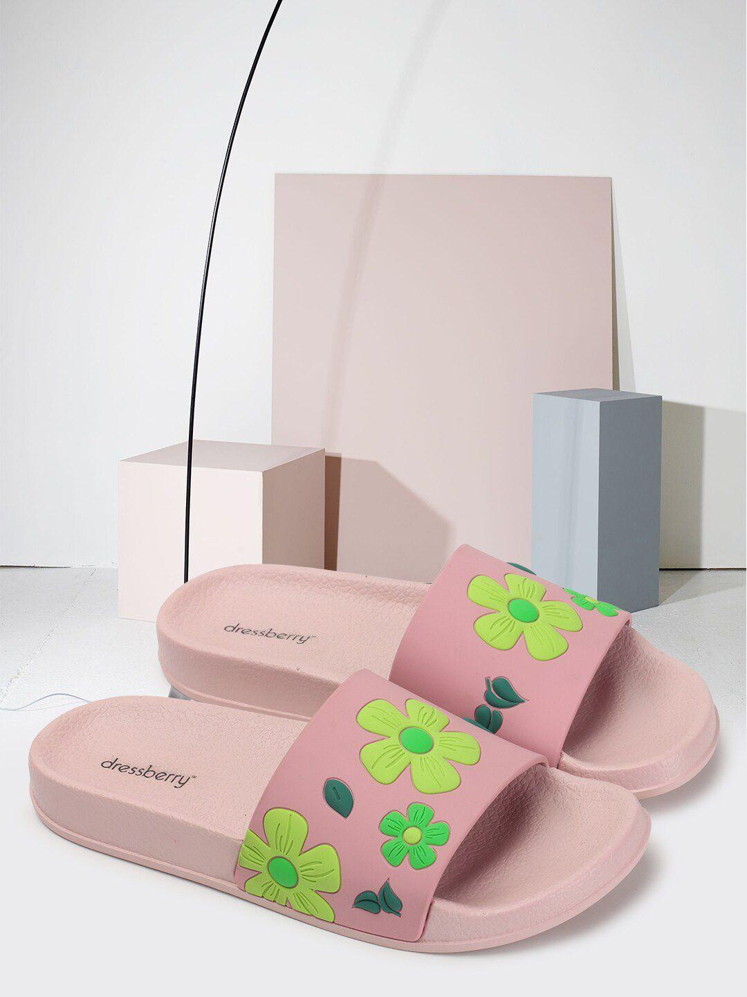 dressberry women pink & green floral printed sliders