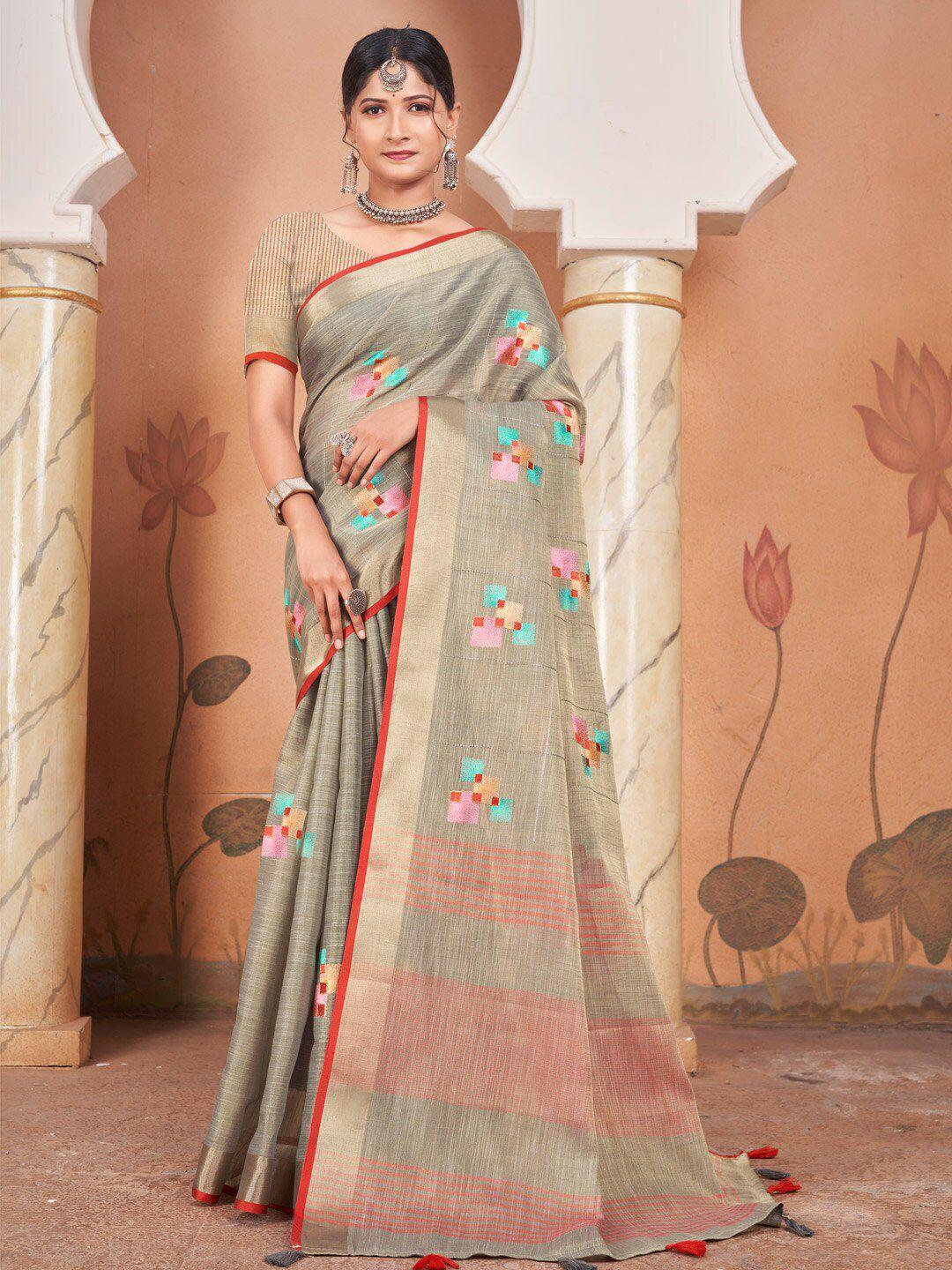 mitera grey & red geometric embroidered linen blend saree