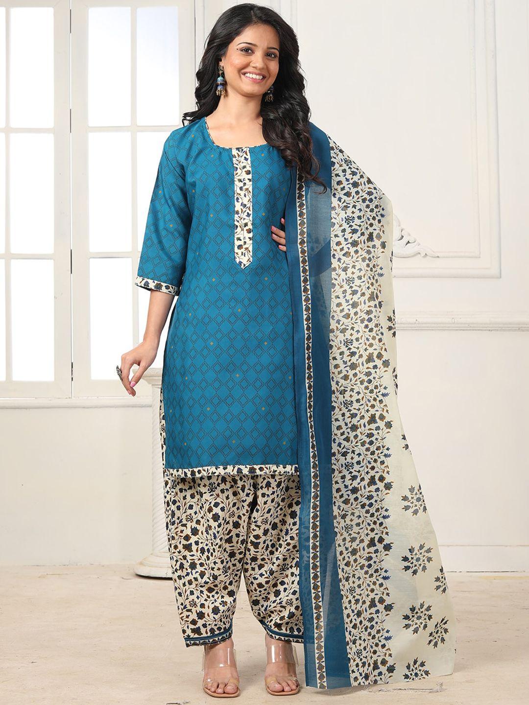 kalini geometric printed straight kurta with patiala & dupatta