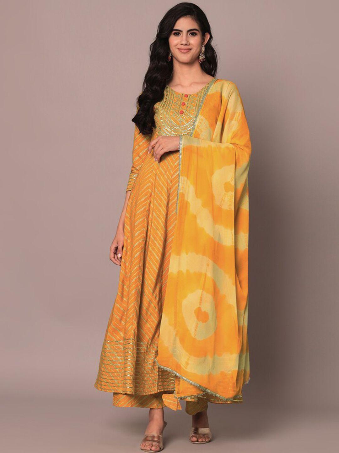 meeranshi leheriya printed thread work detail a-line kurta with palazzos & with dupatta