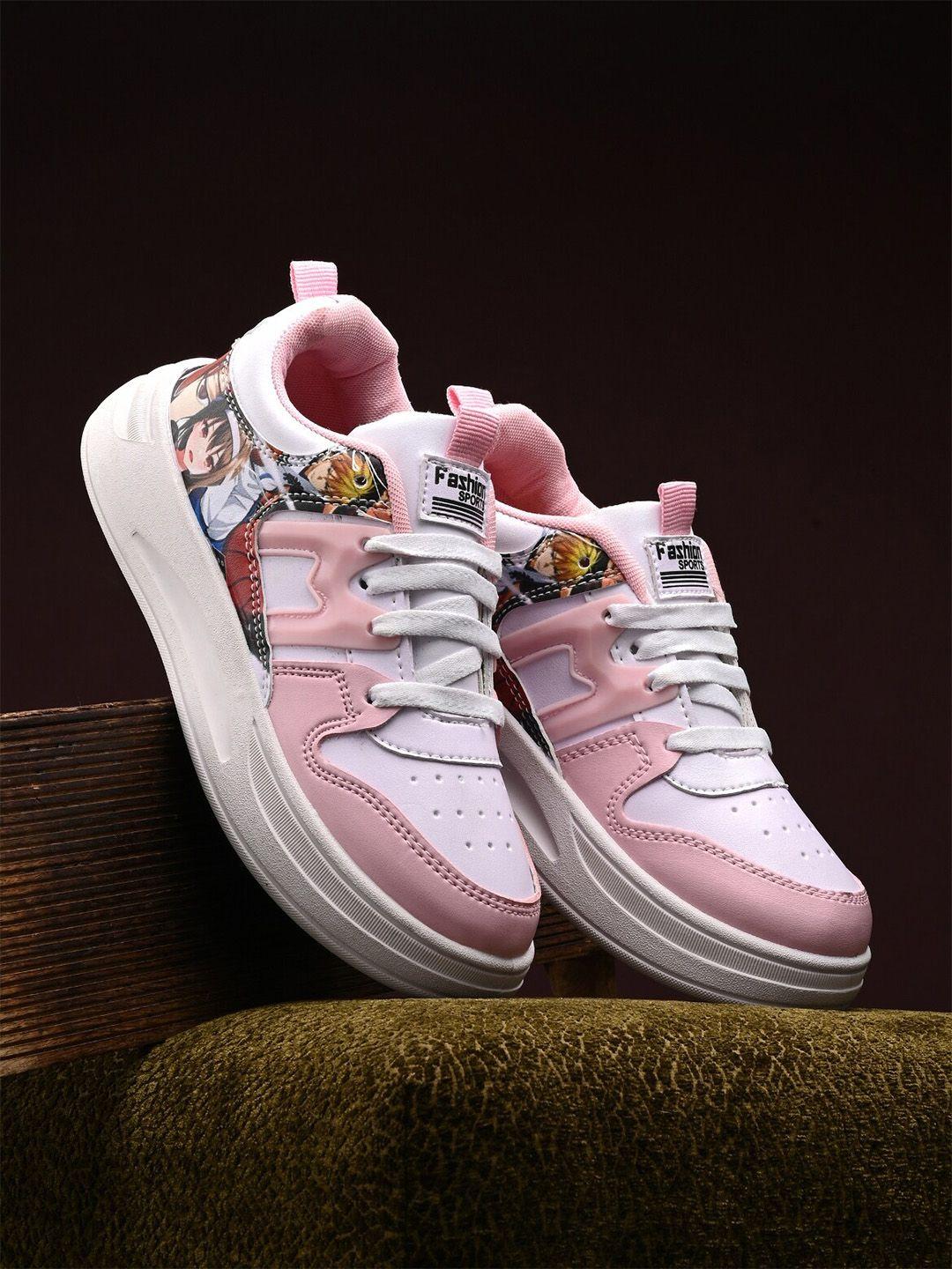 roadster women pink & white printed walking shoes