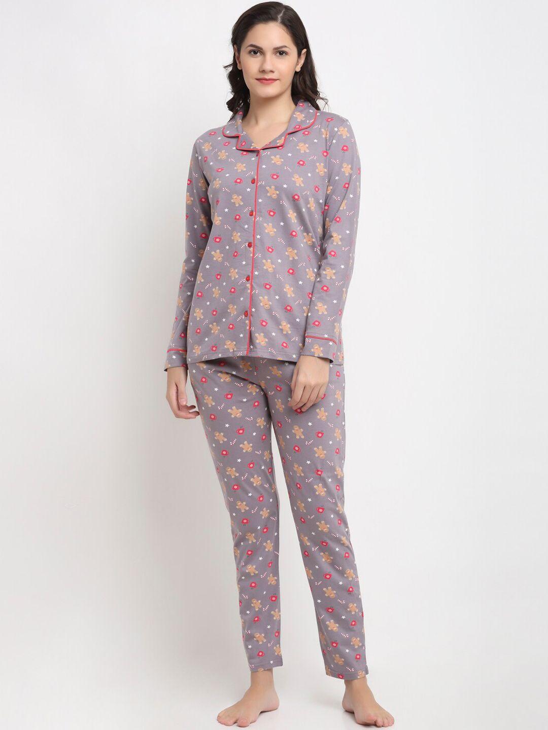 kanvin grey & red conversational printed pure cotton shirt & pyjamas