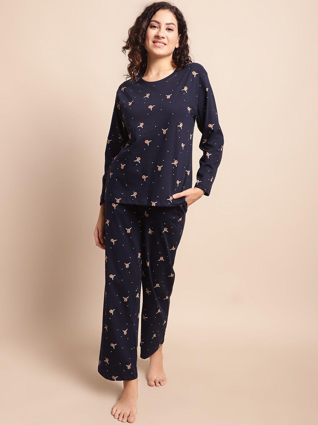 kanvin navy blue & brown conversational printed pure cotton tshirt & pyjamas