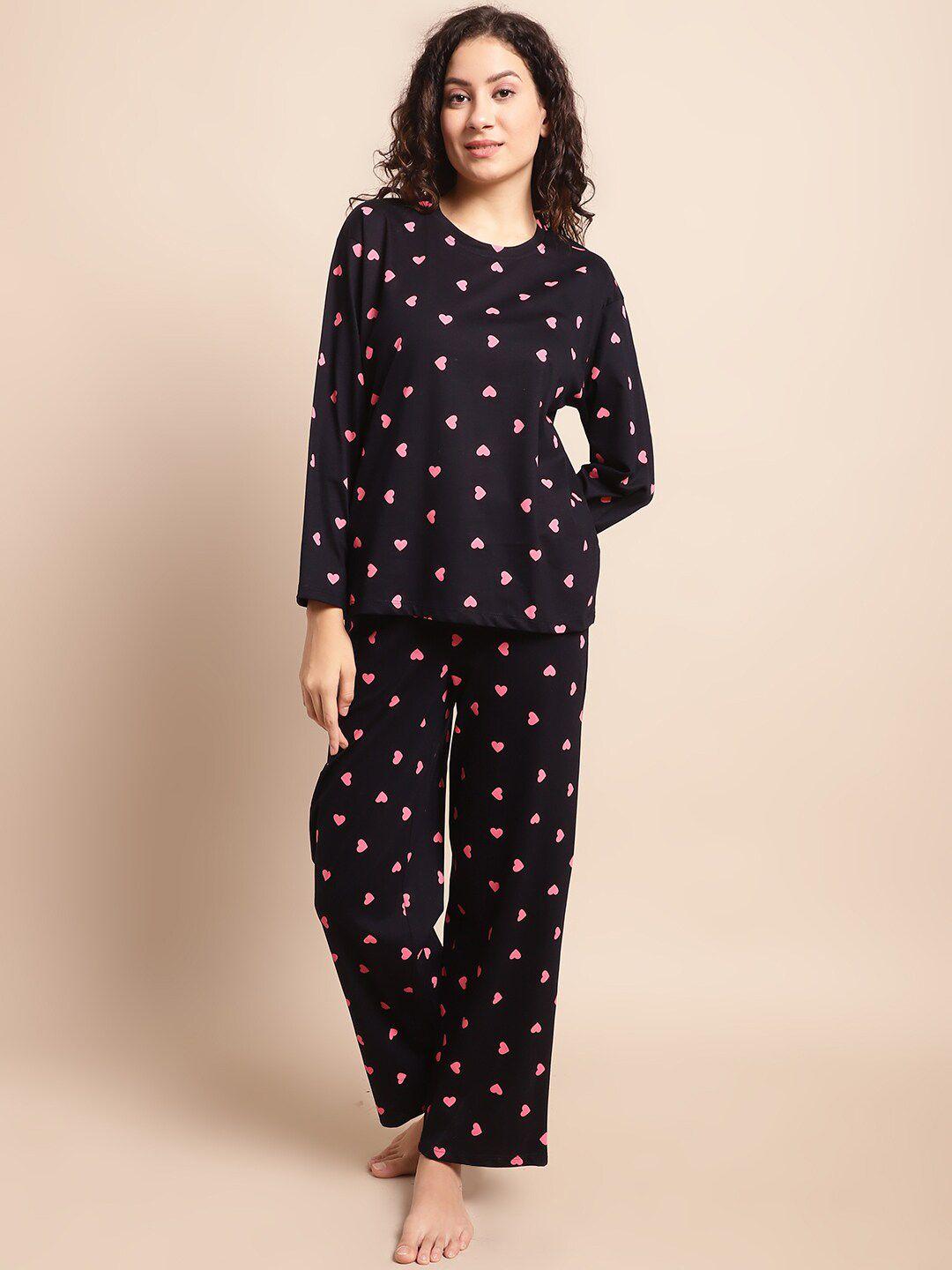 kanvin navy blue & pink conversational printed pure cotton night suit