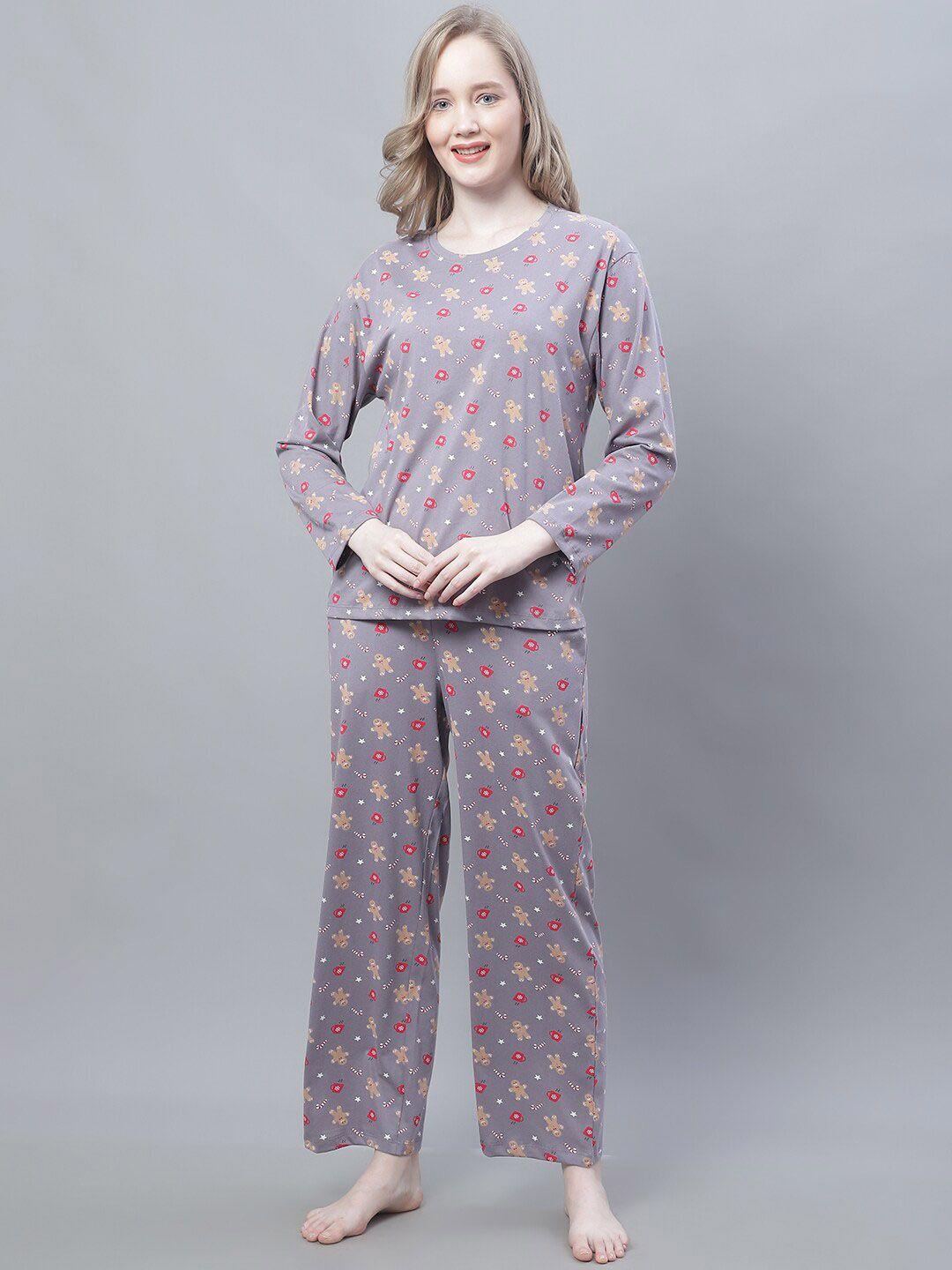 kanvin grey & red conversational printed pure cotton night suit