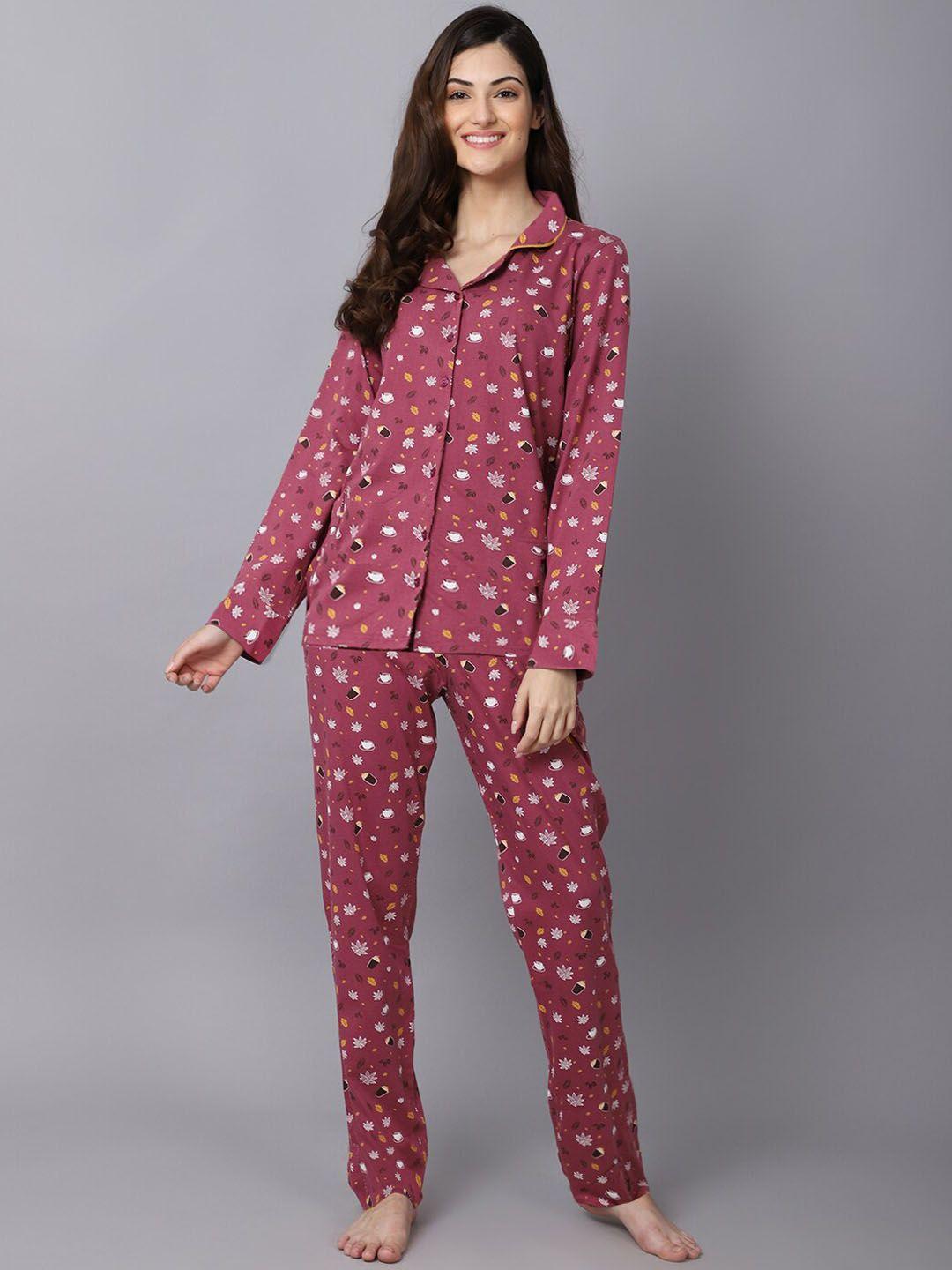 kanvin mauve & white conversational printed pure cotton night suit