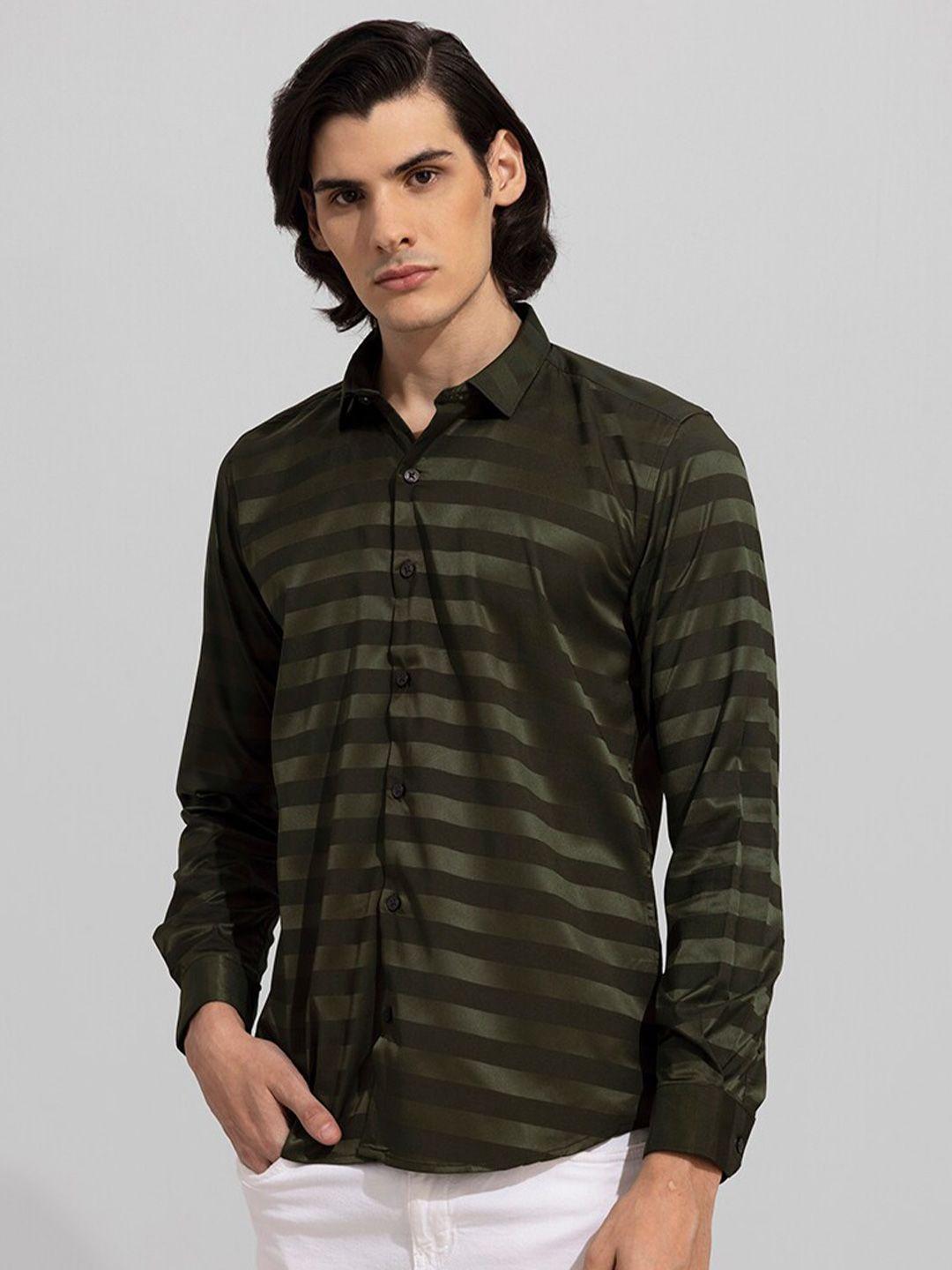 snitch men olive green slim fit horizontal stripes opaque striped casual shirt