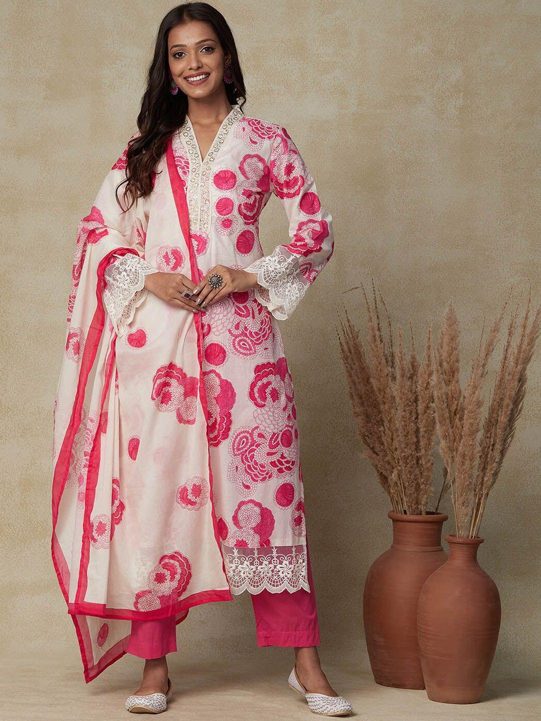 fashor off white ethnic motifs printed pure cotton kurta with trousers & dupatta