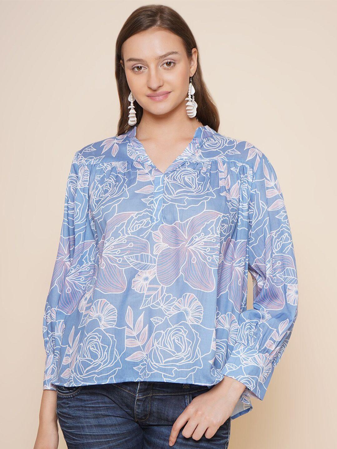 bhama couture floral printed v-neck cuffed sleeves top