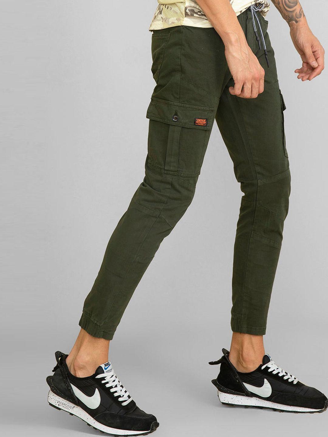 snitch men olive green smart skinny fit cotton cargos