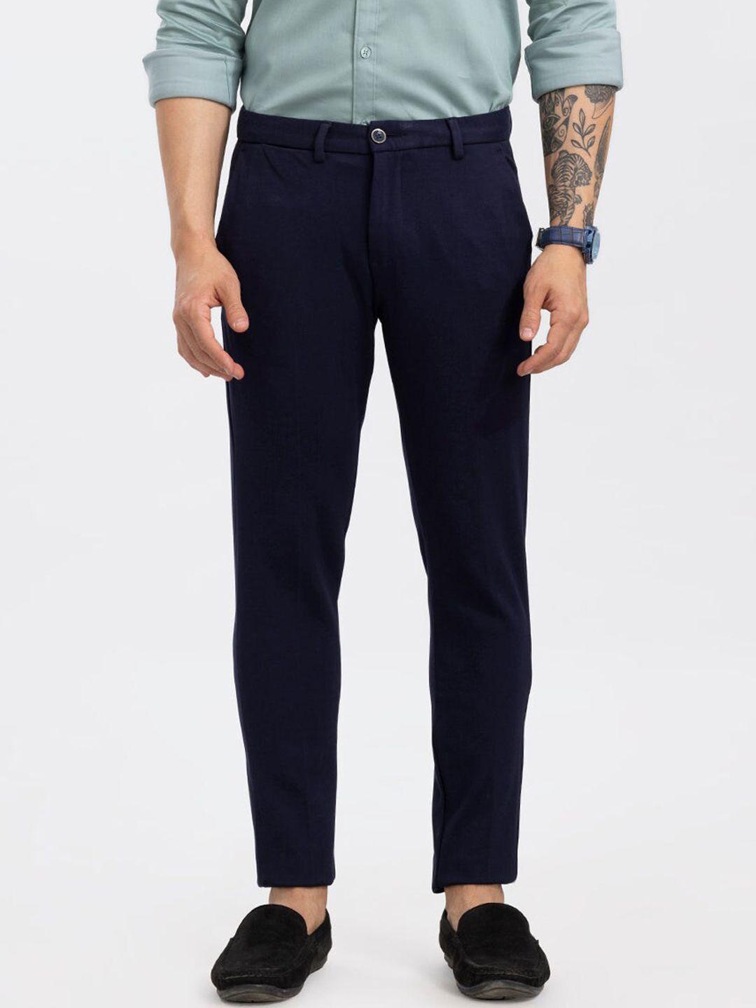 snitch navy blue smart mid rise plain cotton chinos