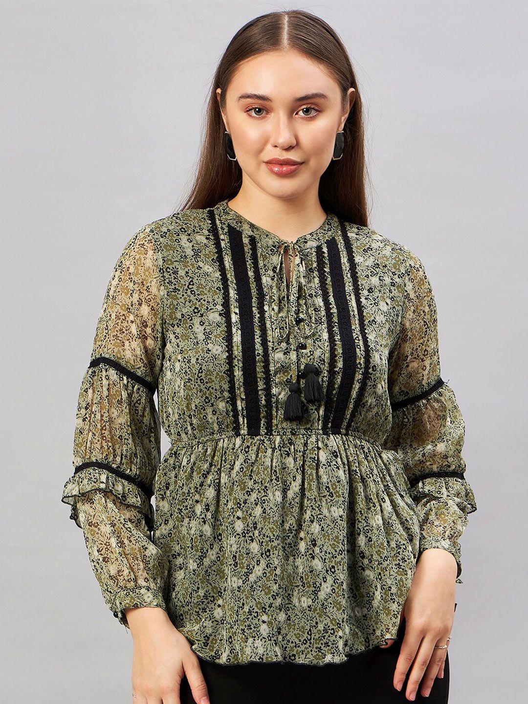 antheaa floral printed tie-up neck puffed sleeves chiffon peplum top