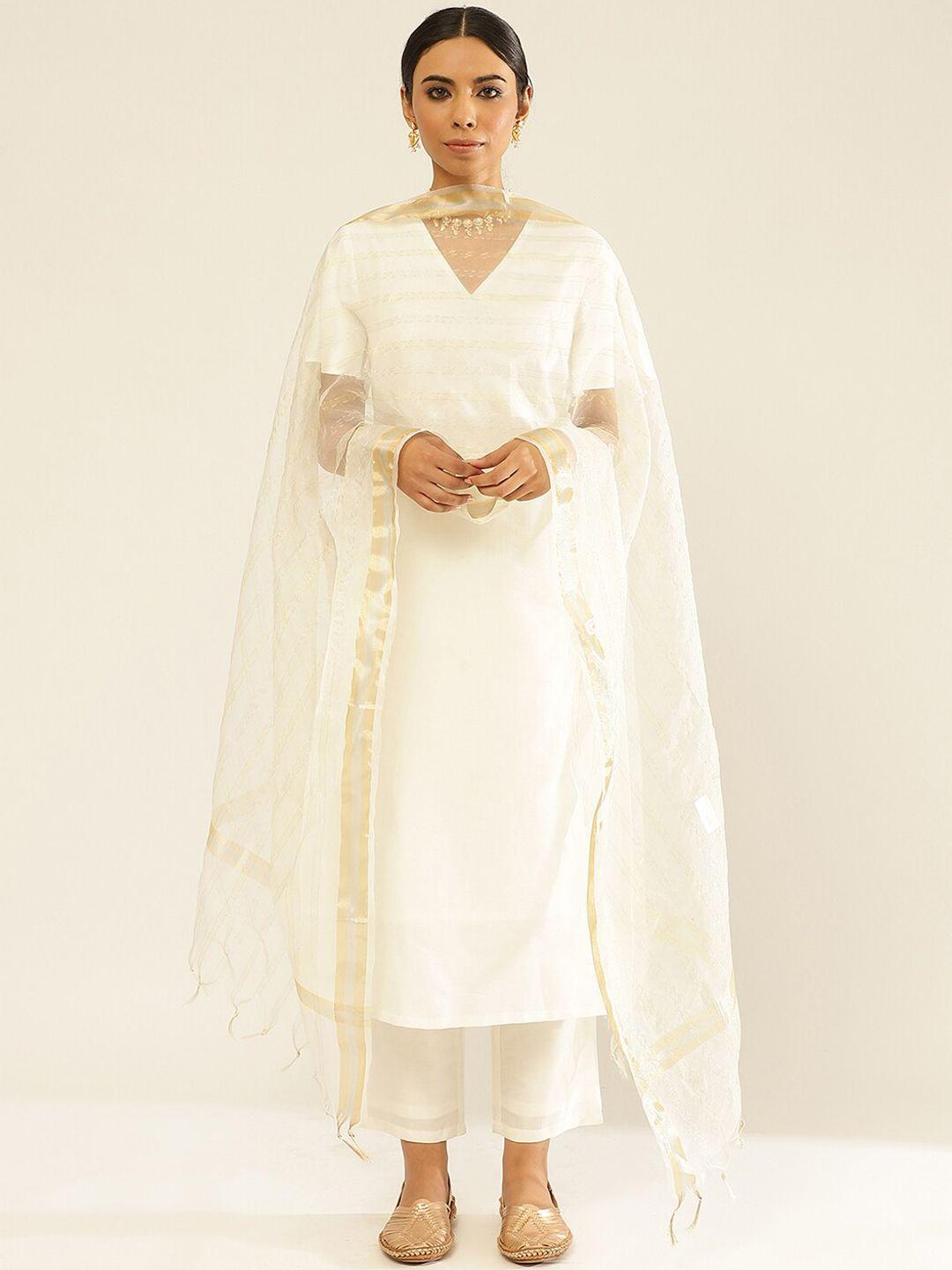 abhishti v-neck flared sleeves zari work straight kurta with trousers & dupatta