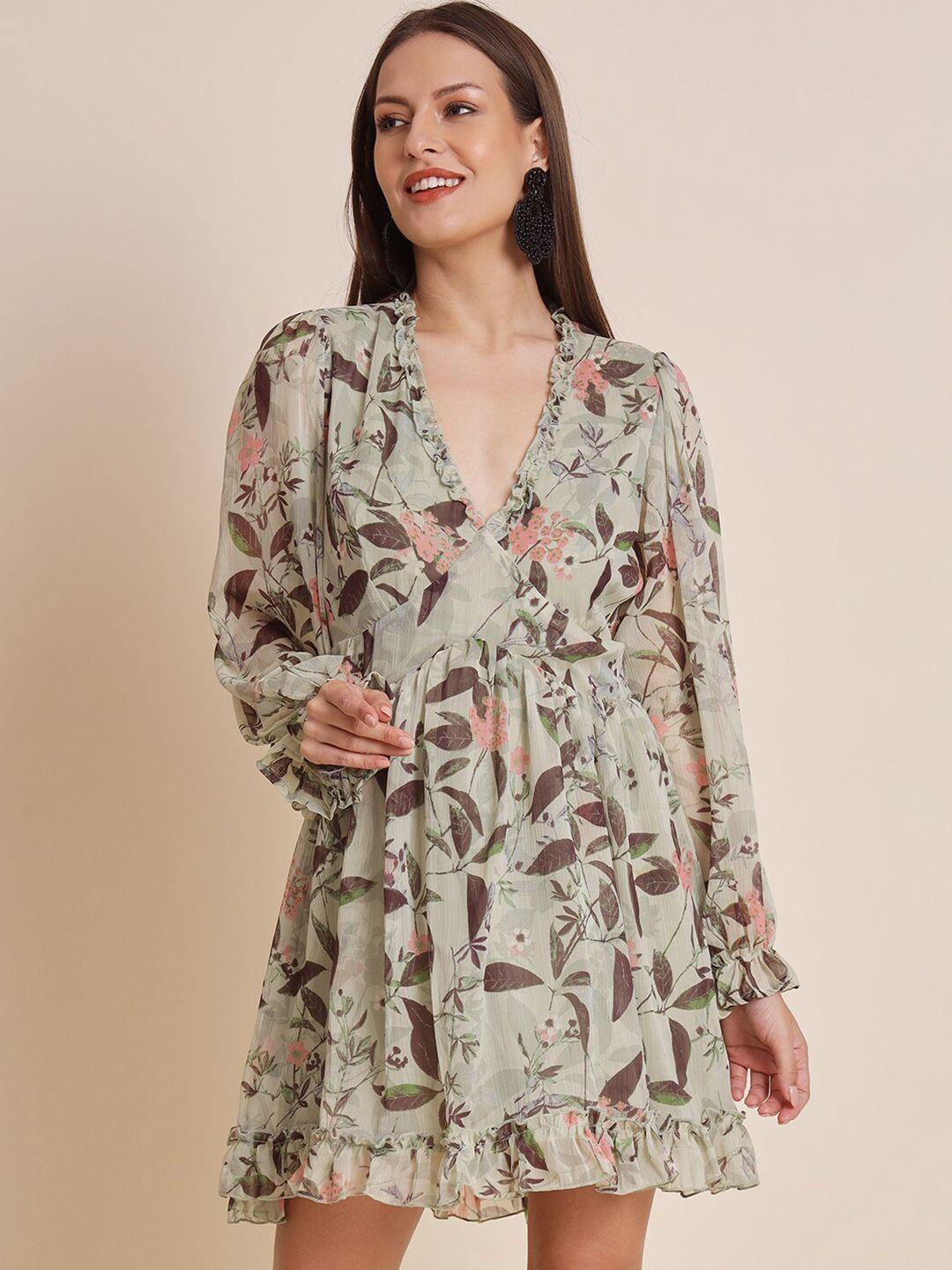 here&now floral printed v-neck cut-out detailed georgette fit & flare dress