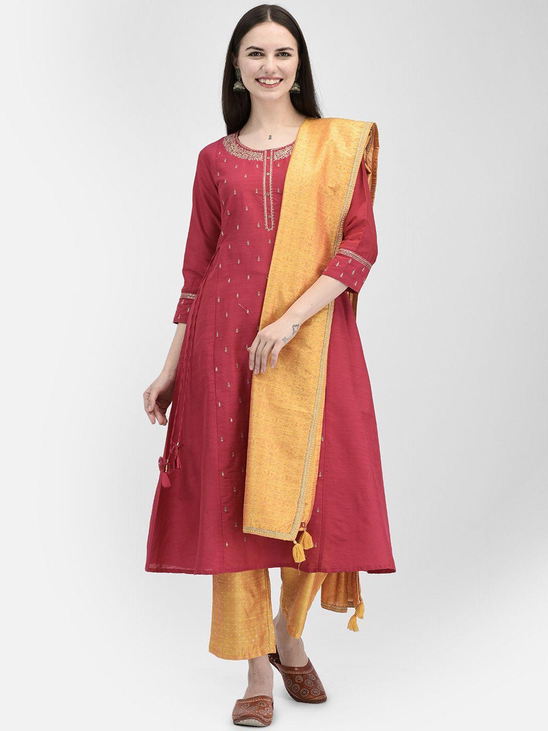 span women pink colourblocked thread work kurta