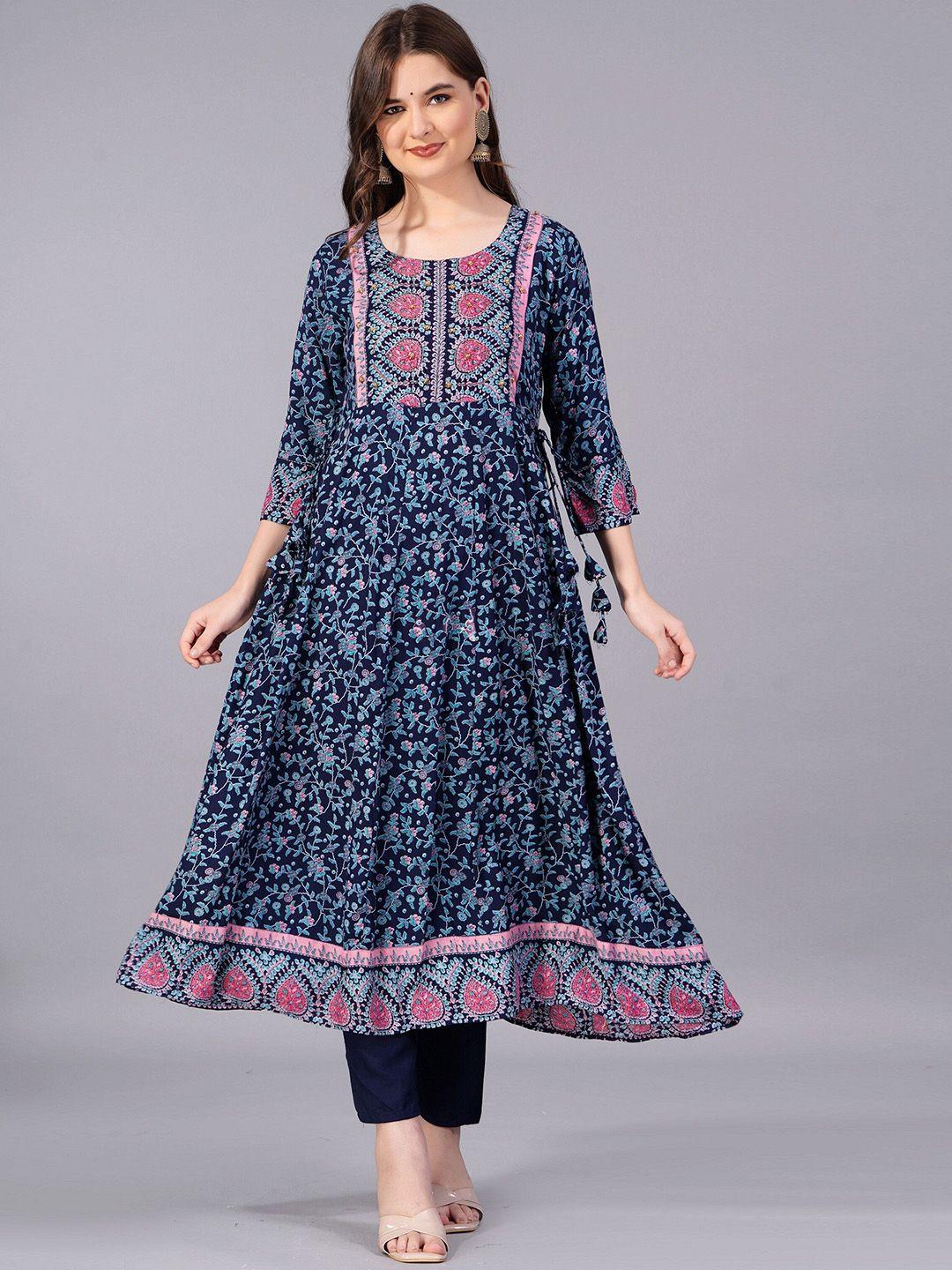 kalini floral printed beads and stones anarkali kurta with trousers & dupatta