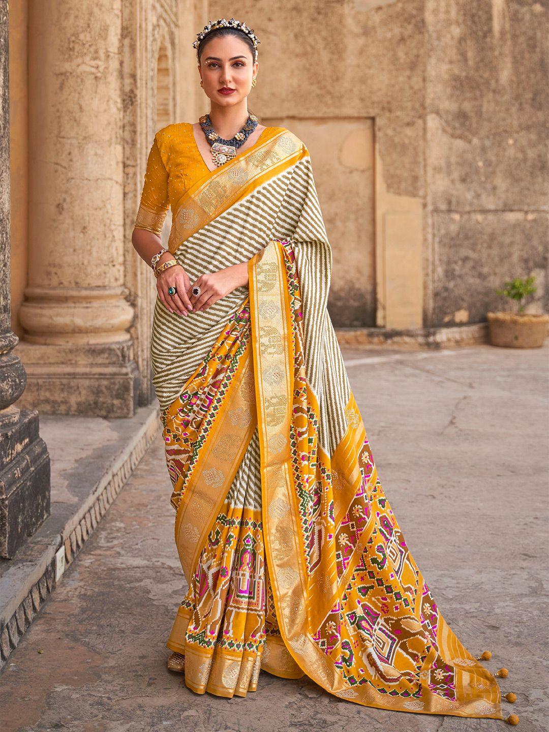 mitera brown & yellow striped beads and stones patola saree