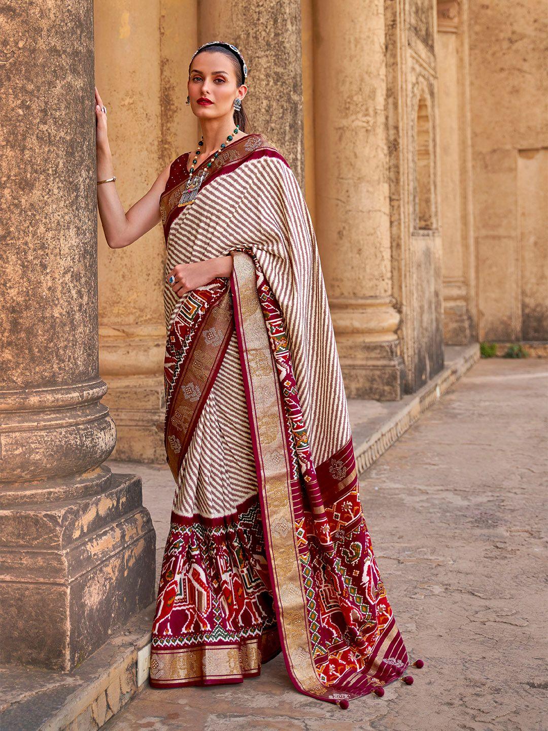 mitera maroon & white striped beads and stones patola saree