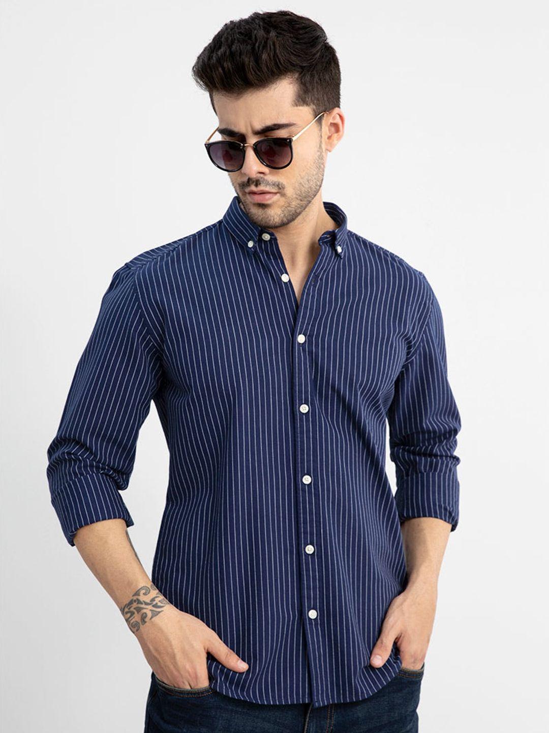 snitch navy blue bengal stripes striped classic slim fit  cotton casual shirt