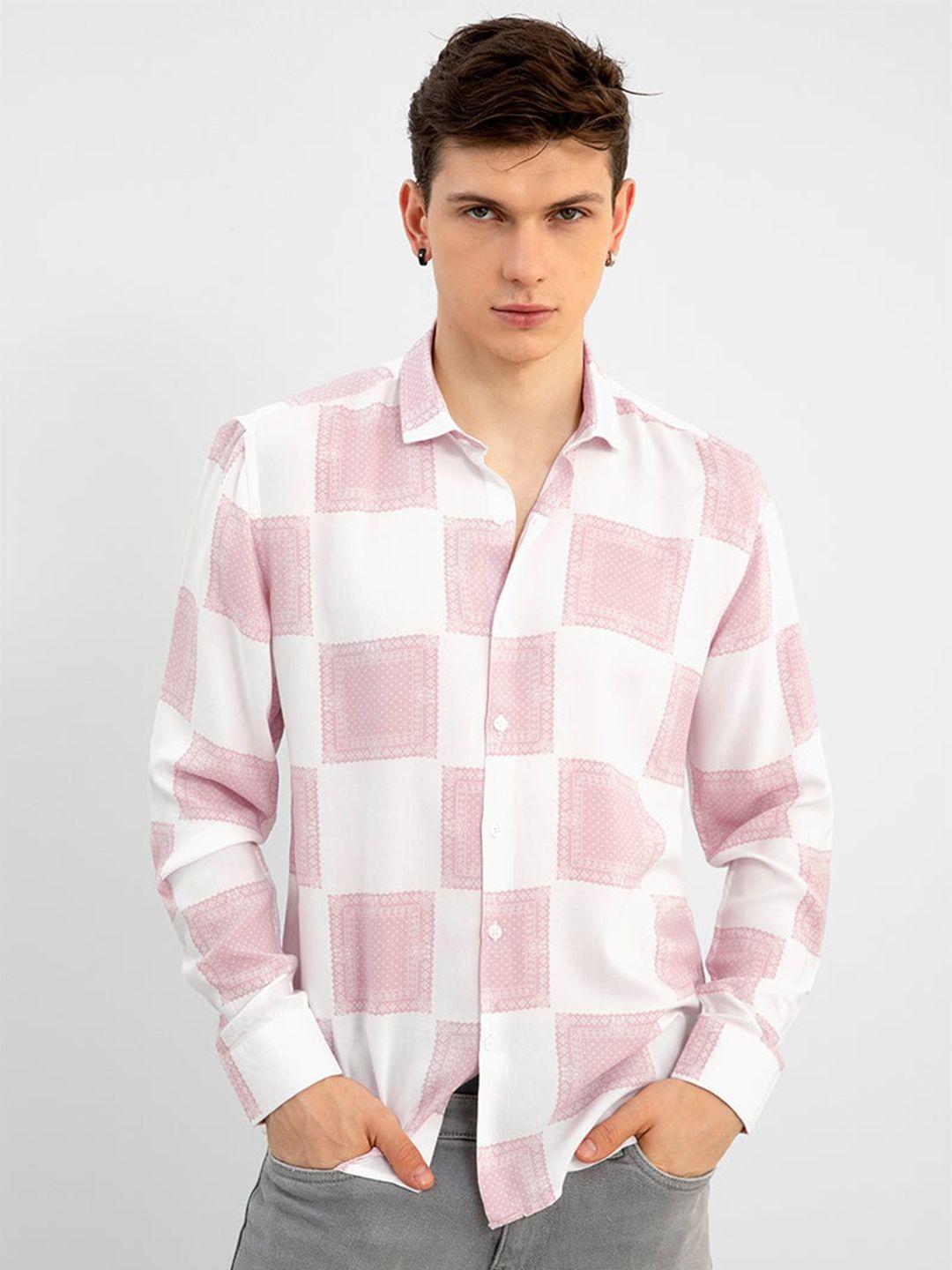 snitch pink checks checked spread collar classic slim fit casual shirt