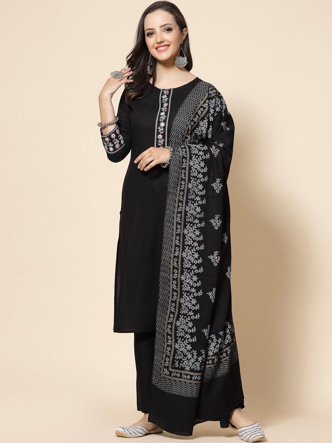 jaipuri bunaai women black regular kurta with trousers & with dupatta