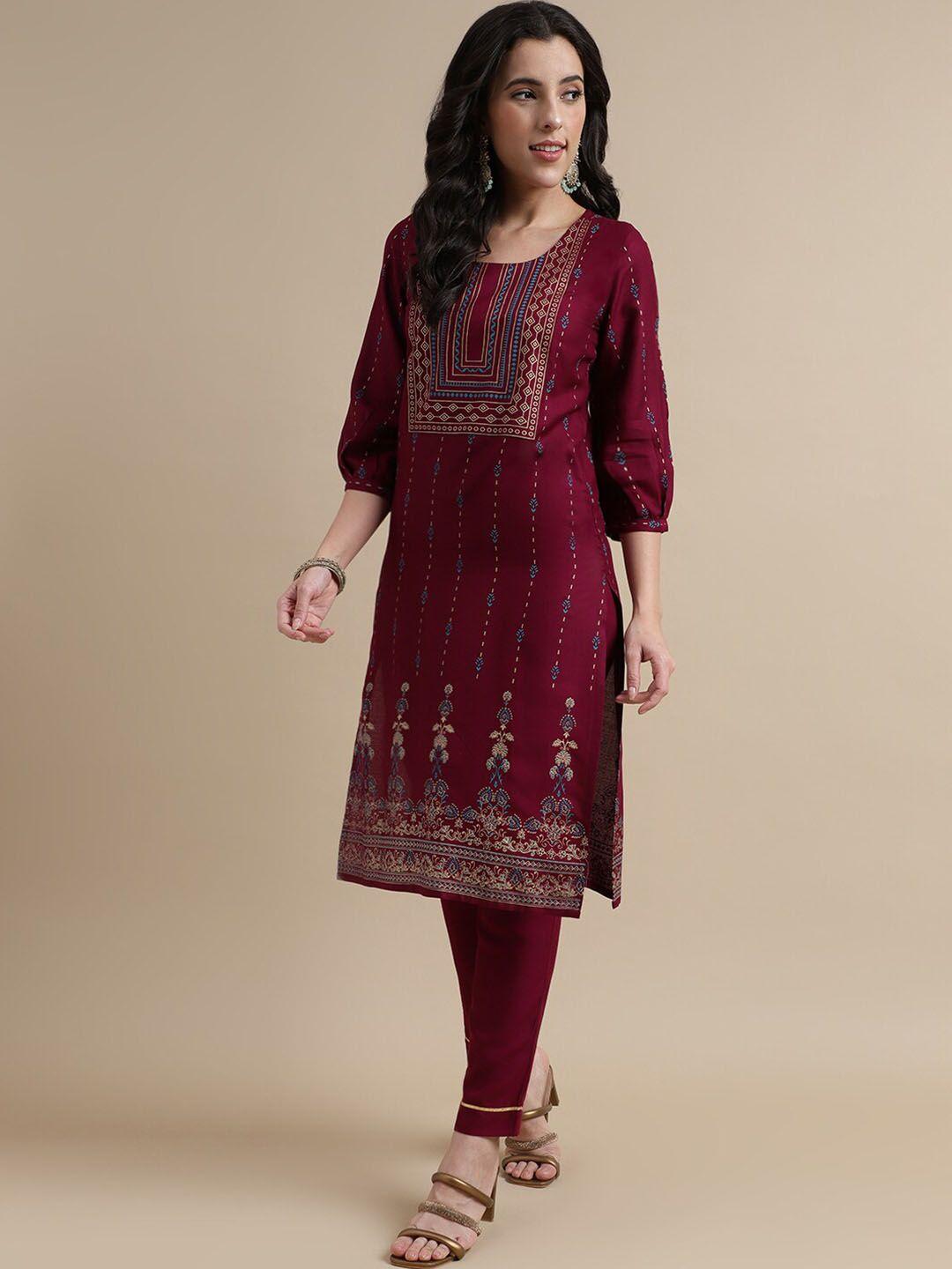 here&now women purple printed regular kurta with trousers