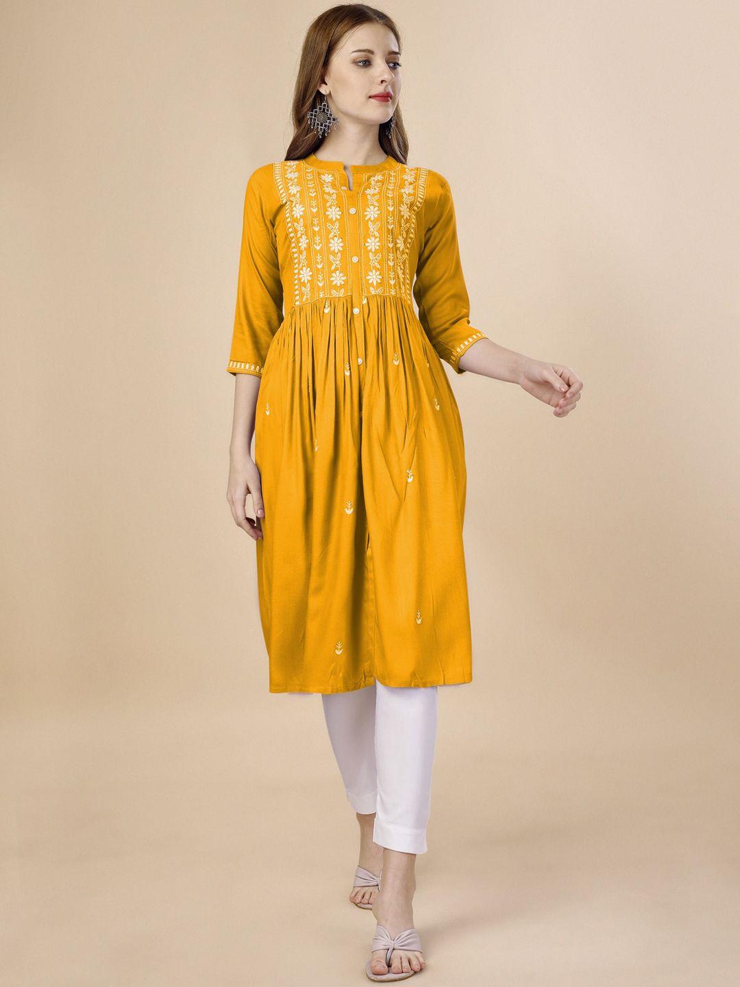 goroly women yellow ethnic motifs embroidered thread work summer sheers kurta