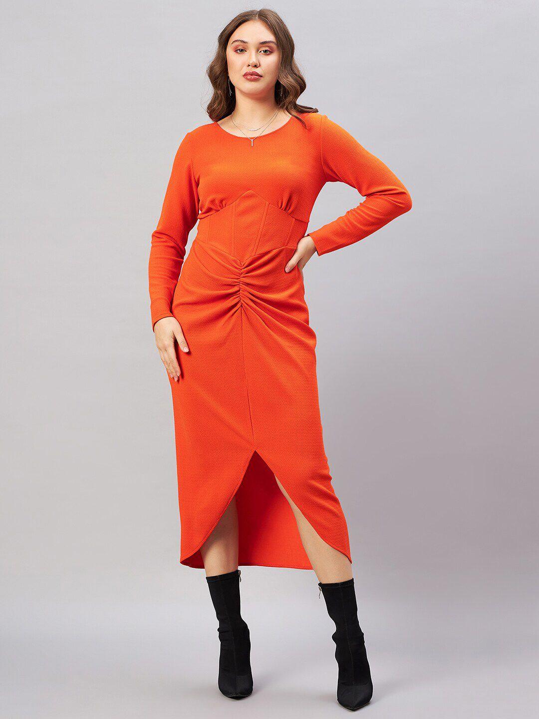 antheaa orange gathered sheath midi dress