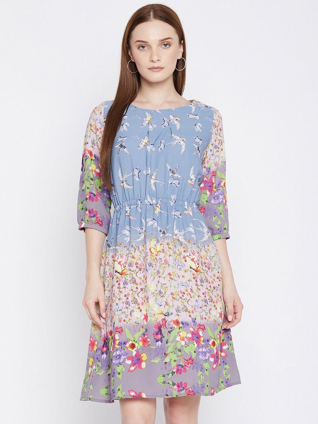 baesd multicoloured floral print georgette a-line dress