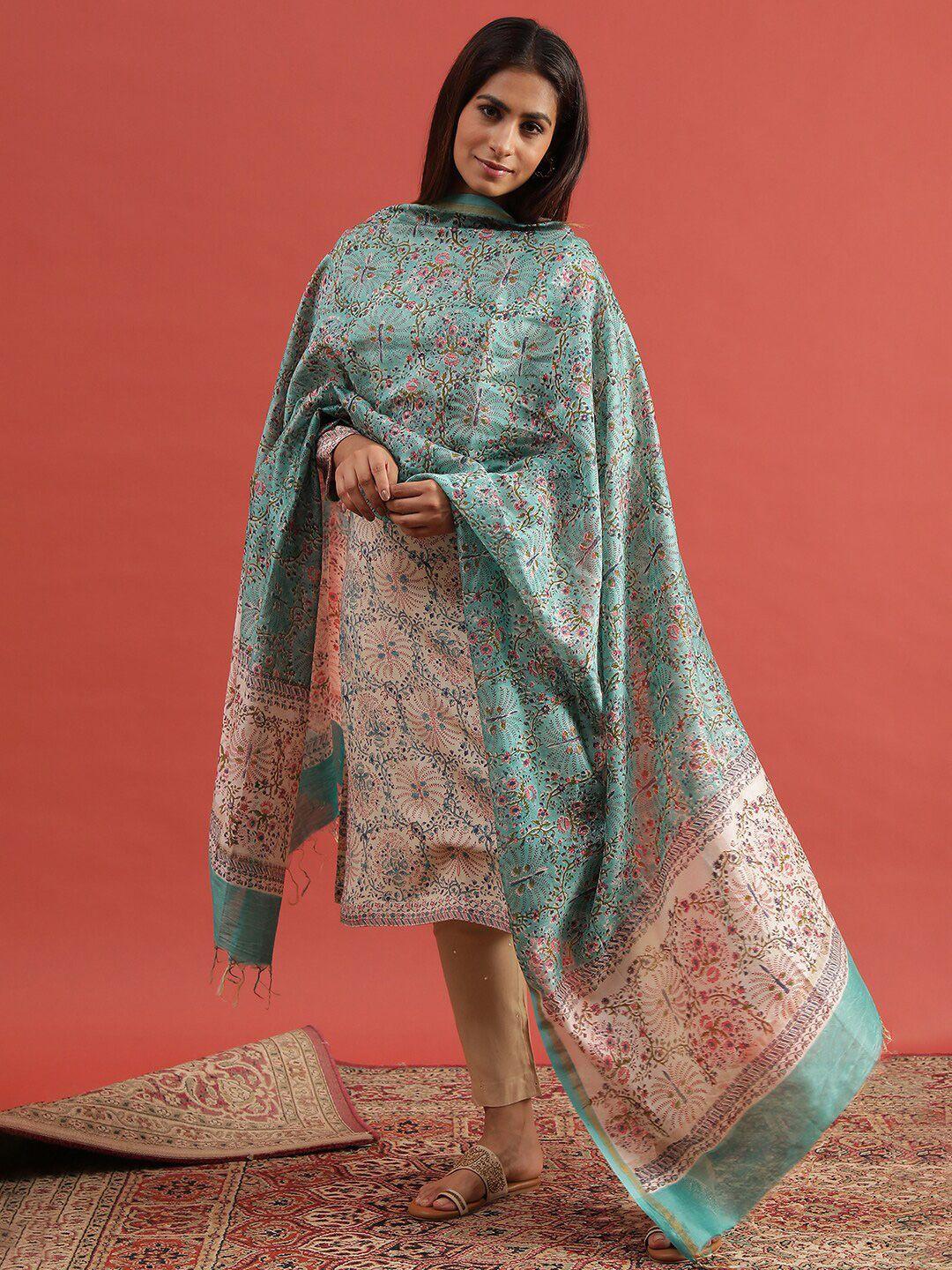 w green & pink printed dupatta